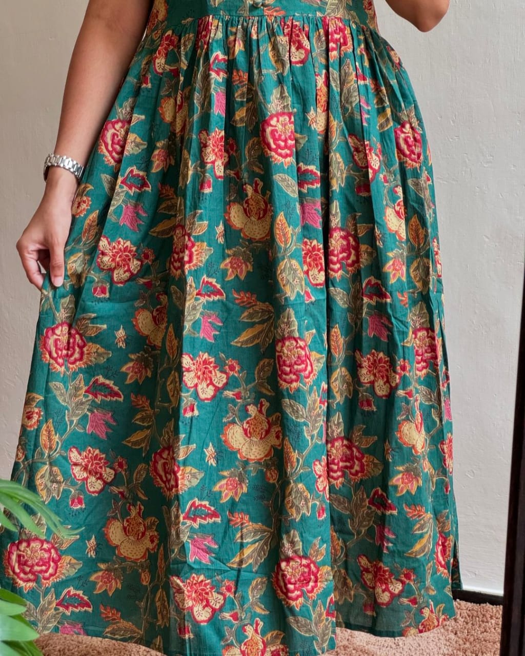 Green Effortlessly Elegant Pure Cotton Gown For Women & Girls