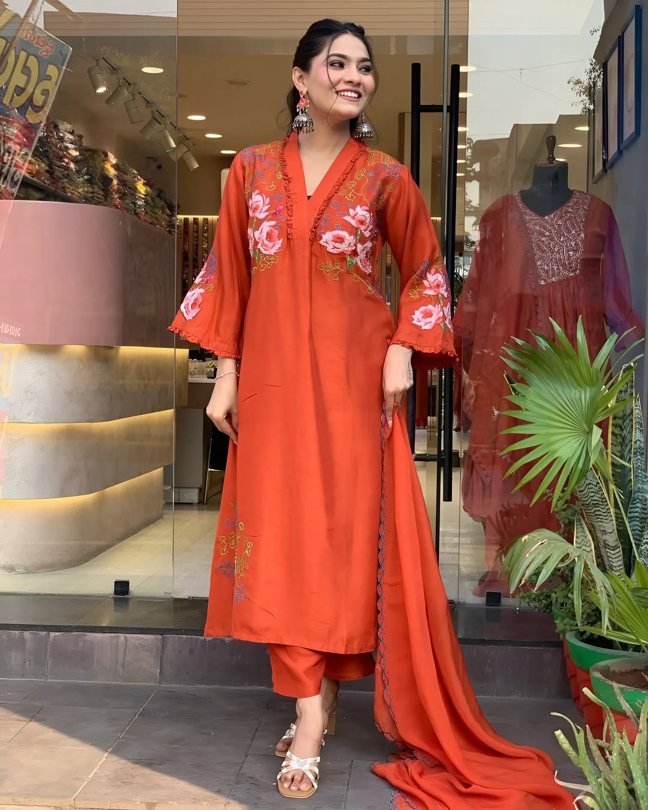 Orange Cotton Embroidered Kurti Set With Chanderi Dupatta For Women