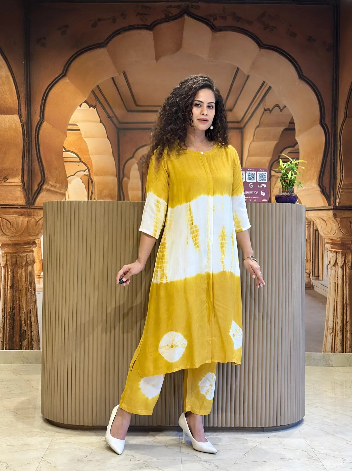 Premium Tie-dye Cotton Kurti Pant Set - Yellow