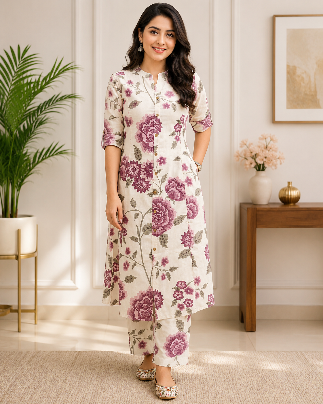 Women Floral Printed Pure Cotton A-Line Co-Ord Set with Ankle Length Pants