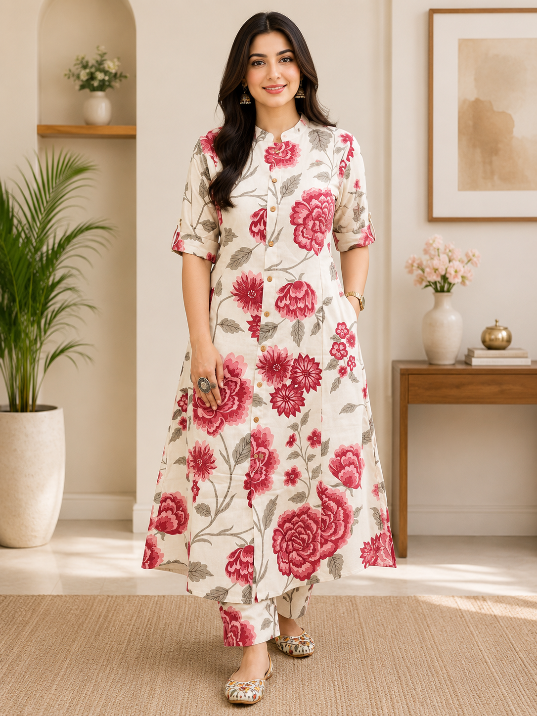 Women Floral Printed Pure Cotton A-Line Co-Ord Set with Ankle Length Pants
