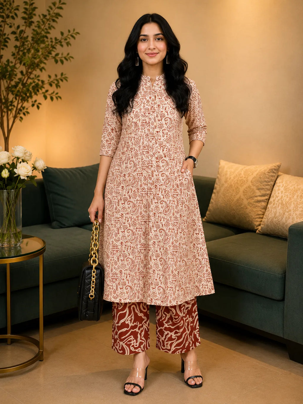 Dashing Warli printed cotton A-line kurta palazzo set with contemporary ethnic styling