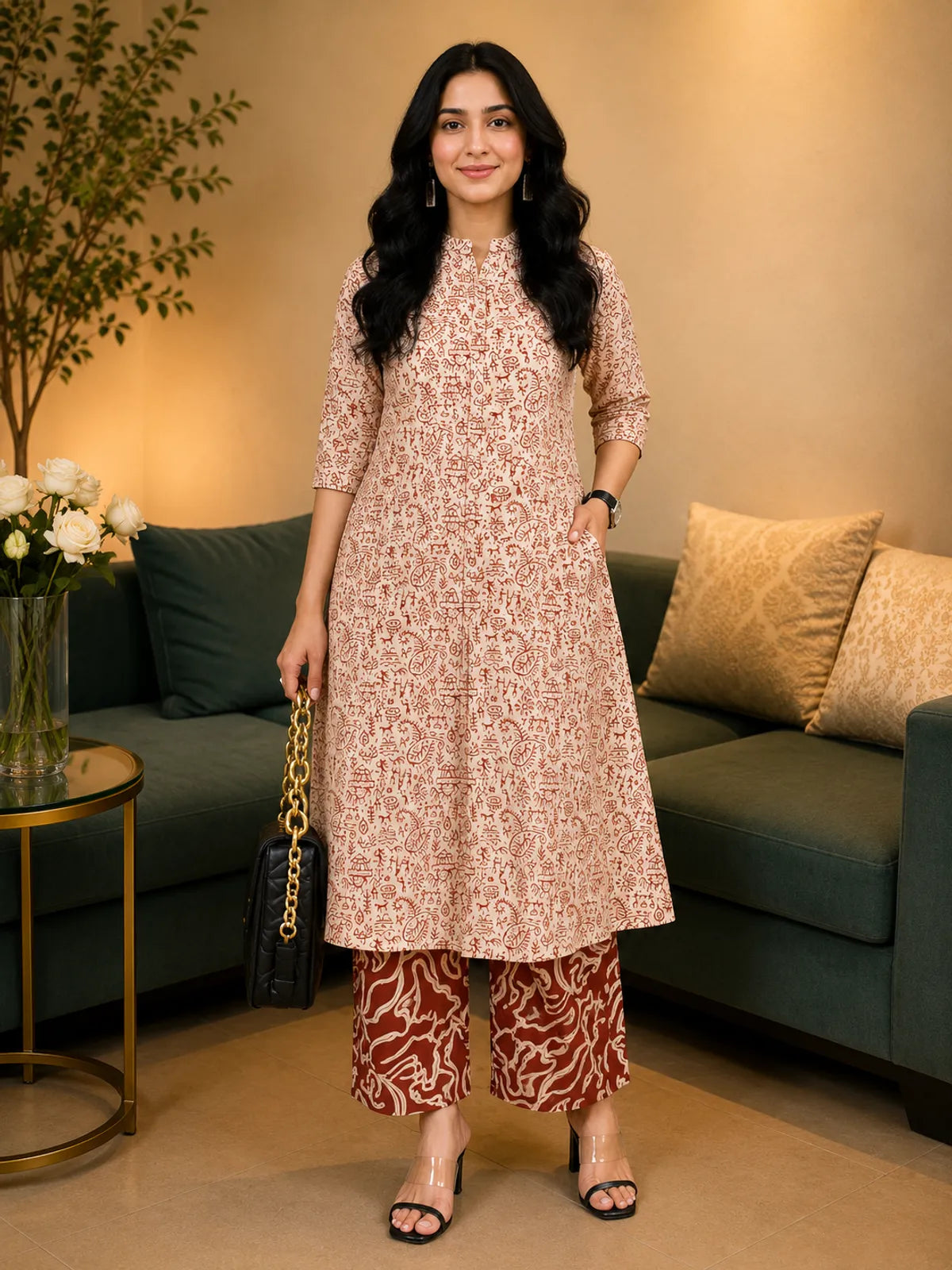 Dashing Warli printed cotton A-line kurta palazzo set with contemporary ethnic styling