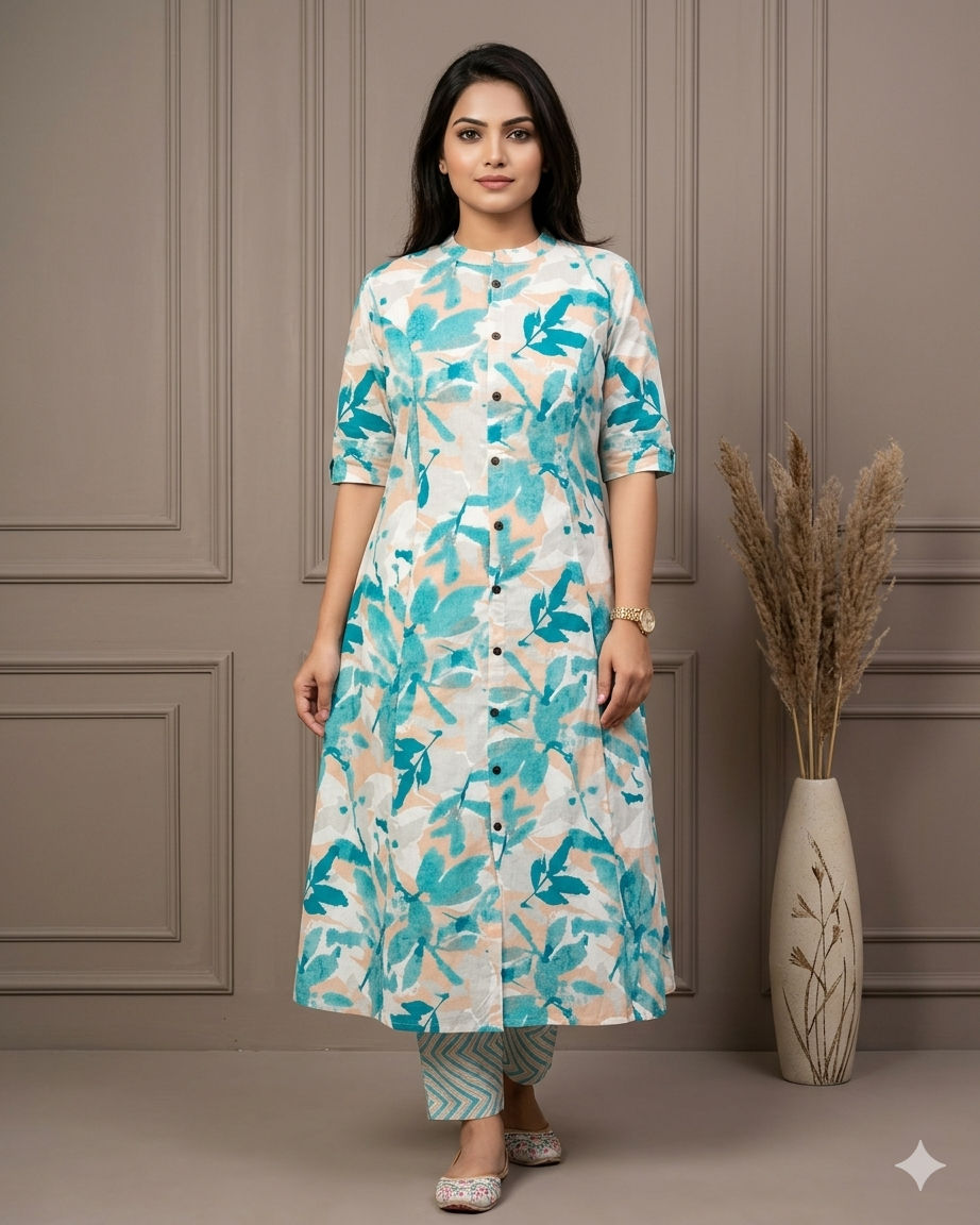 Women's Pure Cotton Floral A-Line Kurti Palazzo Co-OBL Set