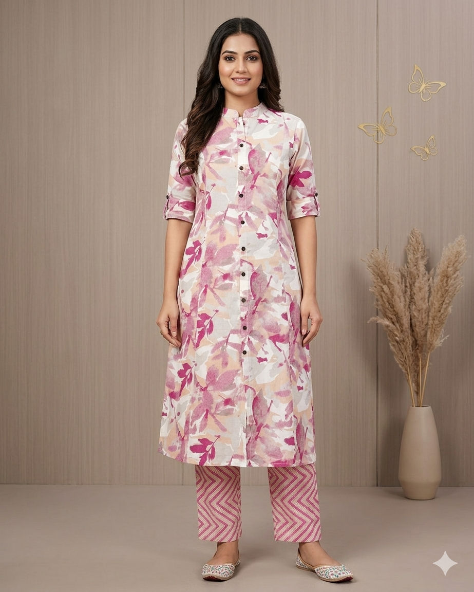 Women's Pure Cotton Floral A-Line Kurti Palazzo Co-Ord Set