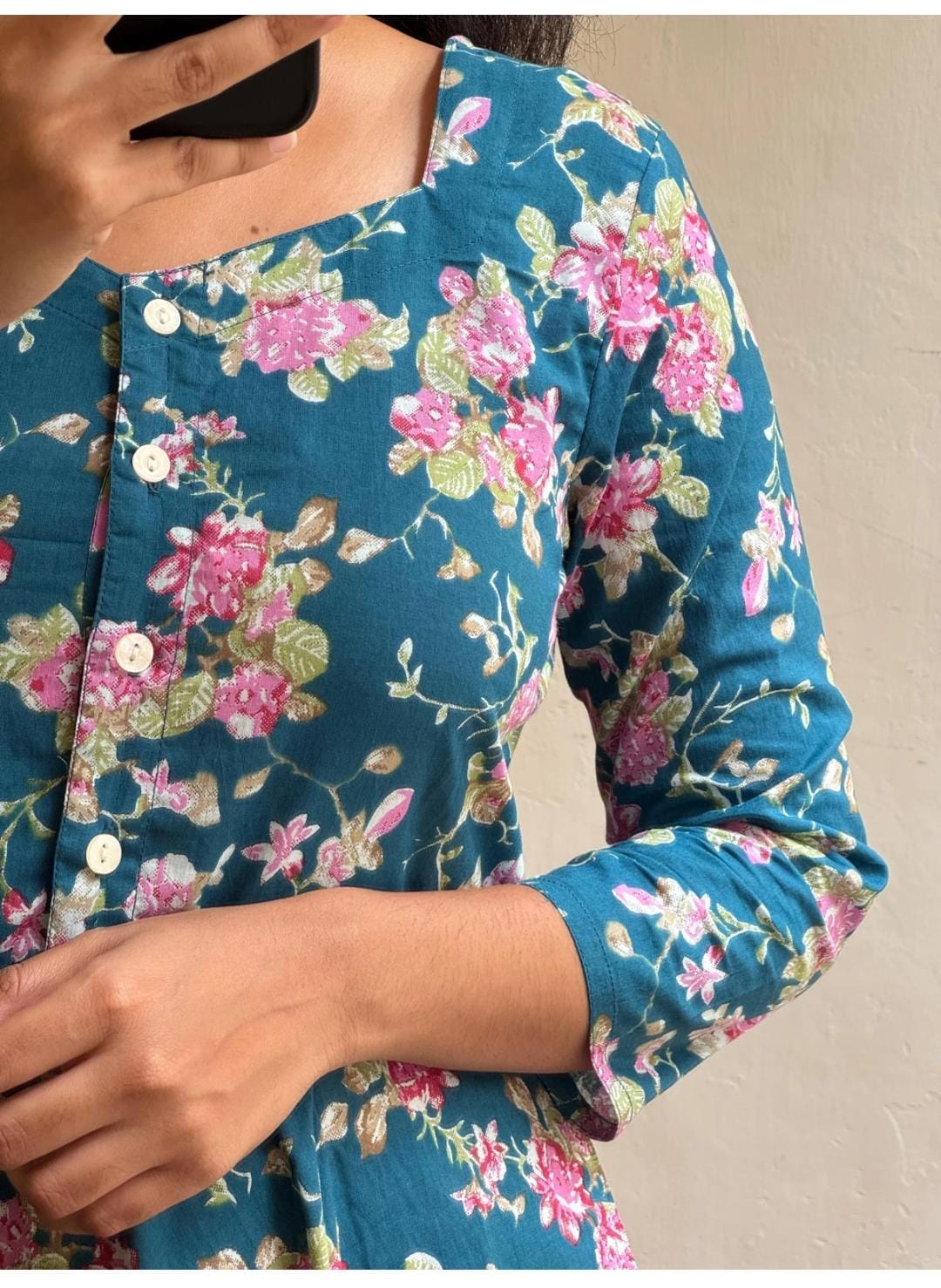 Beautiful Cotton Midi Kurti with Puff Sleeves - Floral Print