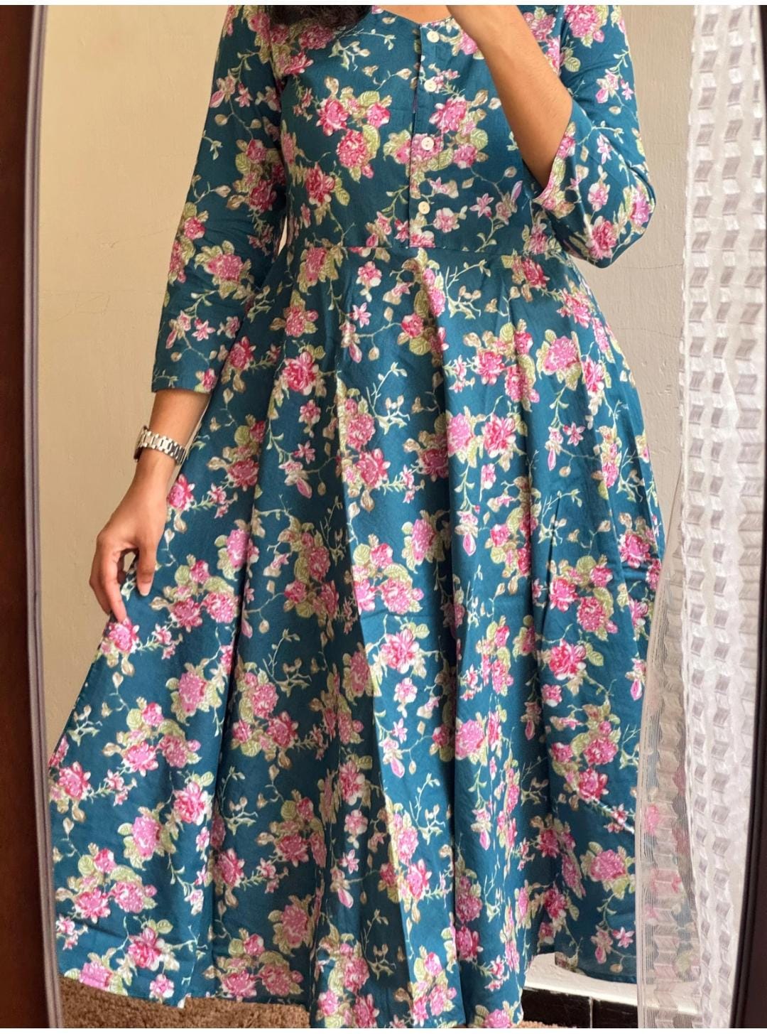 Beautiful Cotton Midi Kurti with Puff Sleeves - Floral Print