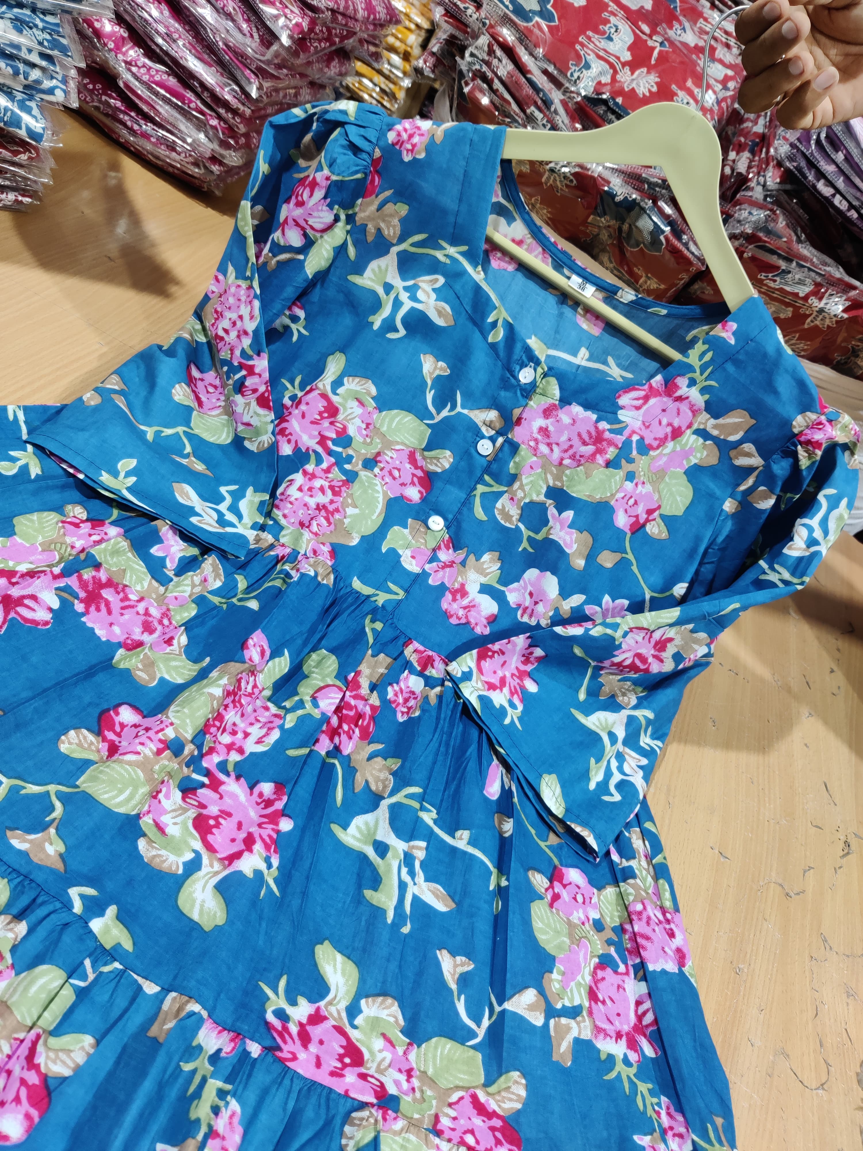 Beautiful Cotton Midi Kurti with Puff Sleeves - Floral Print