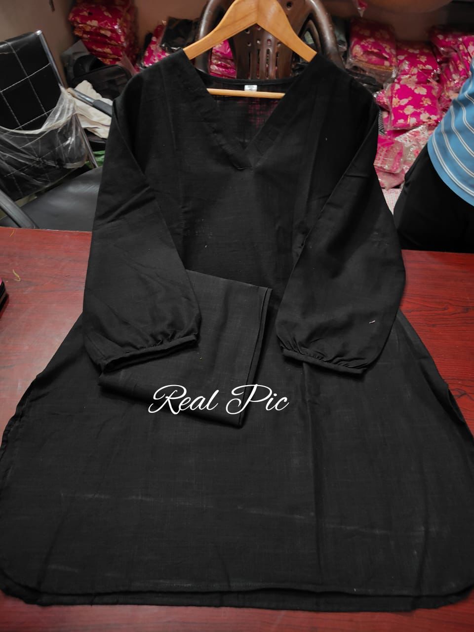 Black Premium Cotton Slub Kurta And Pant Set For Women