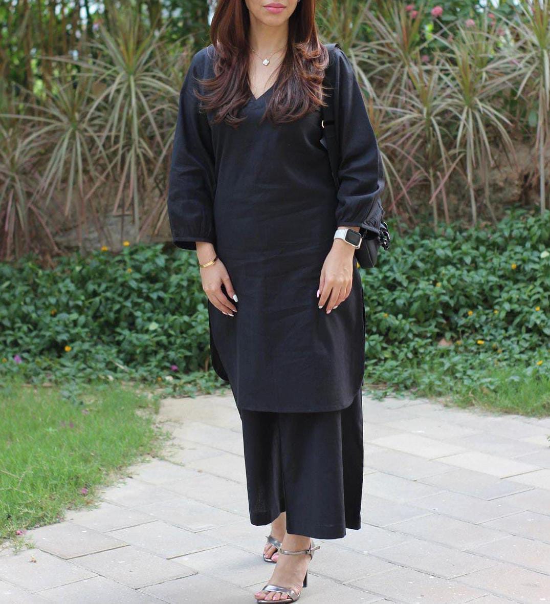 Black Premium Cotton Slub Kurta And Pant Set For Women