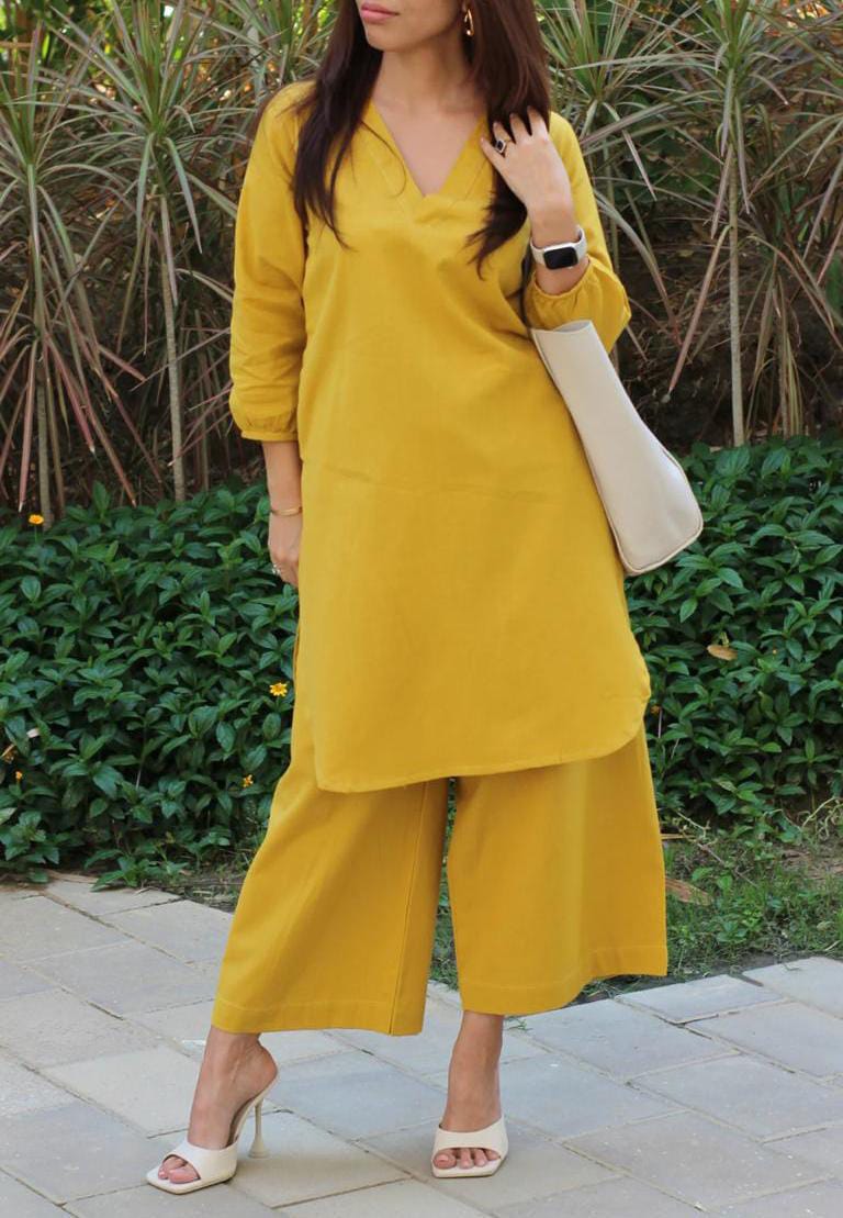 Yellow Premium Cotton Slub Kurta And Pant Set For Women