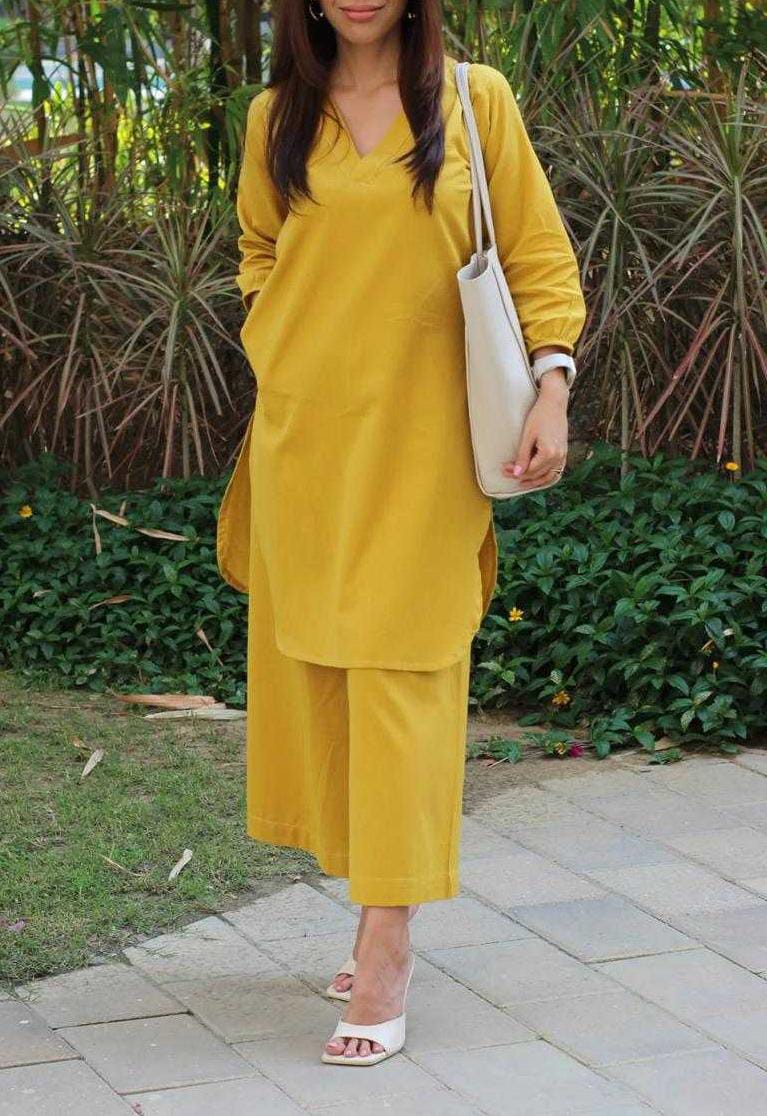 Yellow Premium Cotton Slub Kurta And Pant Set For Women