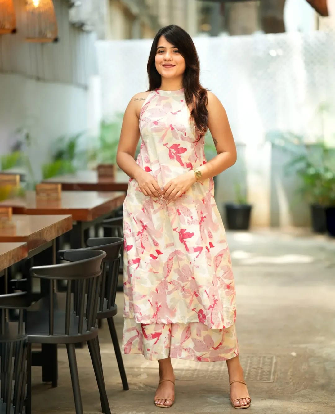 Women's Pure Cotton Floral A-Line Sleeveless Kurti Palazzo Co-Ord Set