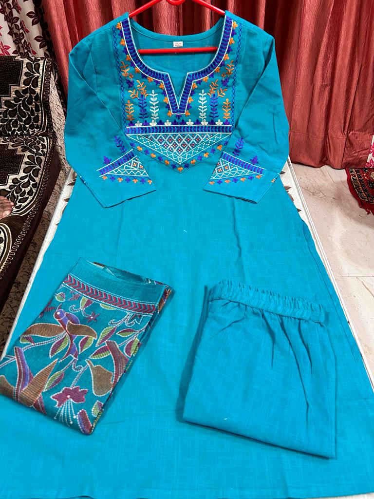 Aqua Blue Embroidery Handloom Set With Khadi Silk Kantha Print Dupatta