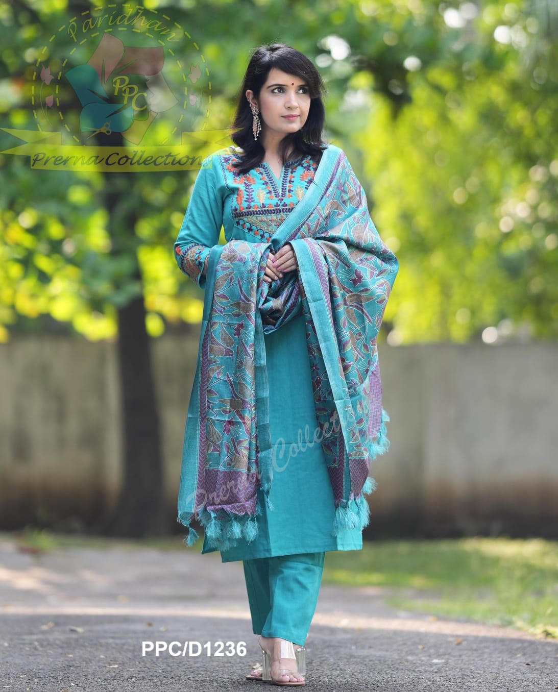 Aqua Blue Embroidery Handloom Set With Khadi Silk Kantha Print Dupatta