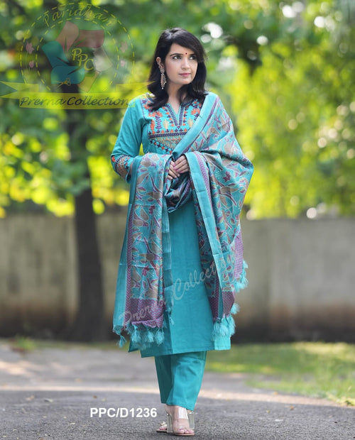 Aqua Blue Embroidery Handloom Set With Khadi Silk Kantha Print Dupatta