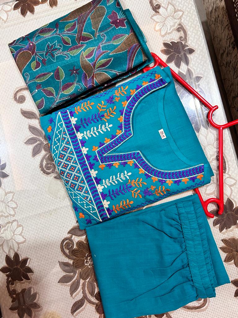 Aqua Blue Embroidery Handloom Set With Khadi Silk Kantha Print Dupatta