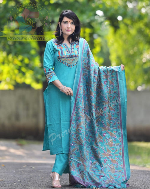 Aqua Blue Embroidery Handloom Set With Khadi Silk Kantha Print Dupatta