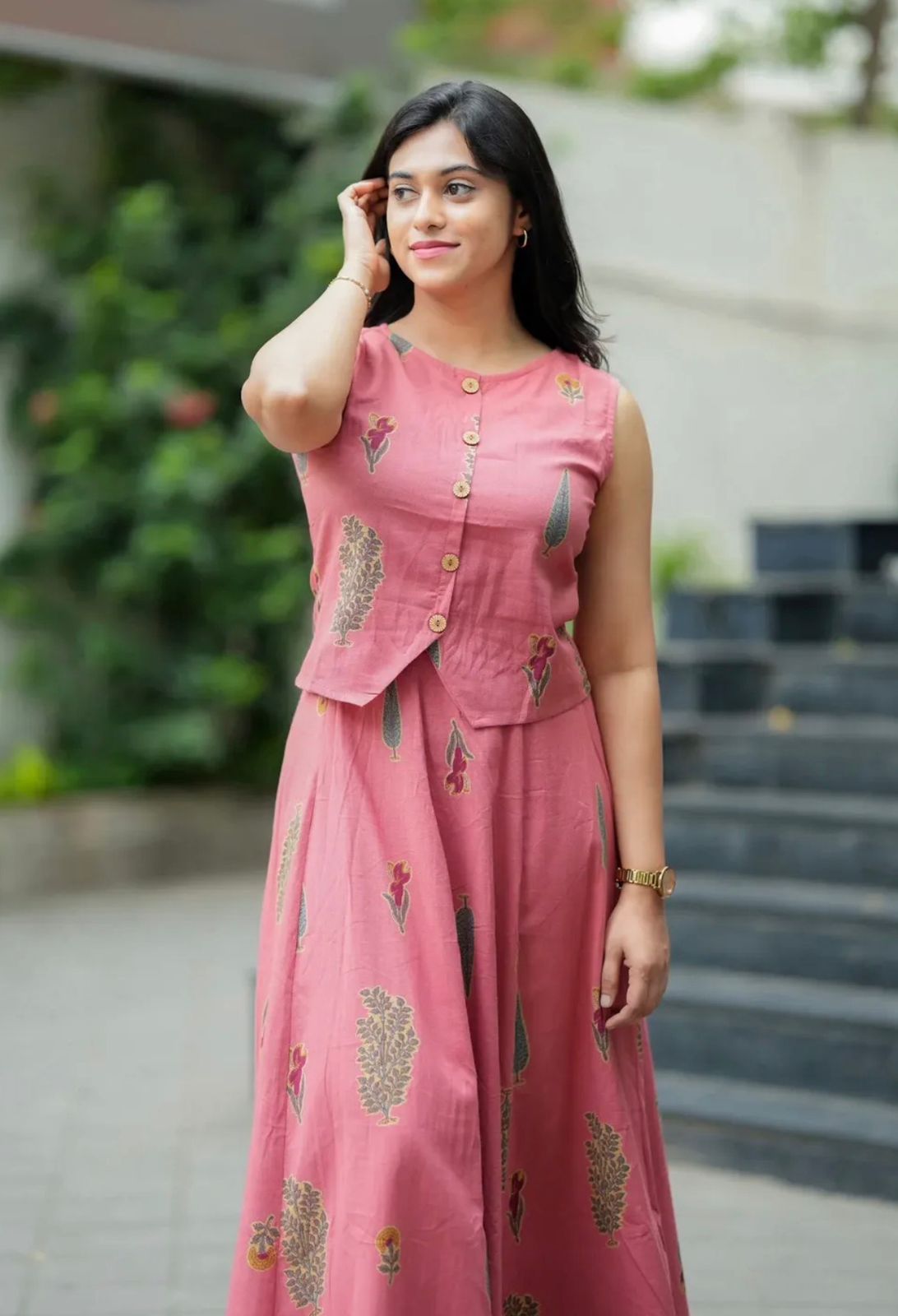 Women Cotton Printed Top And Skirt Set