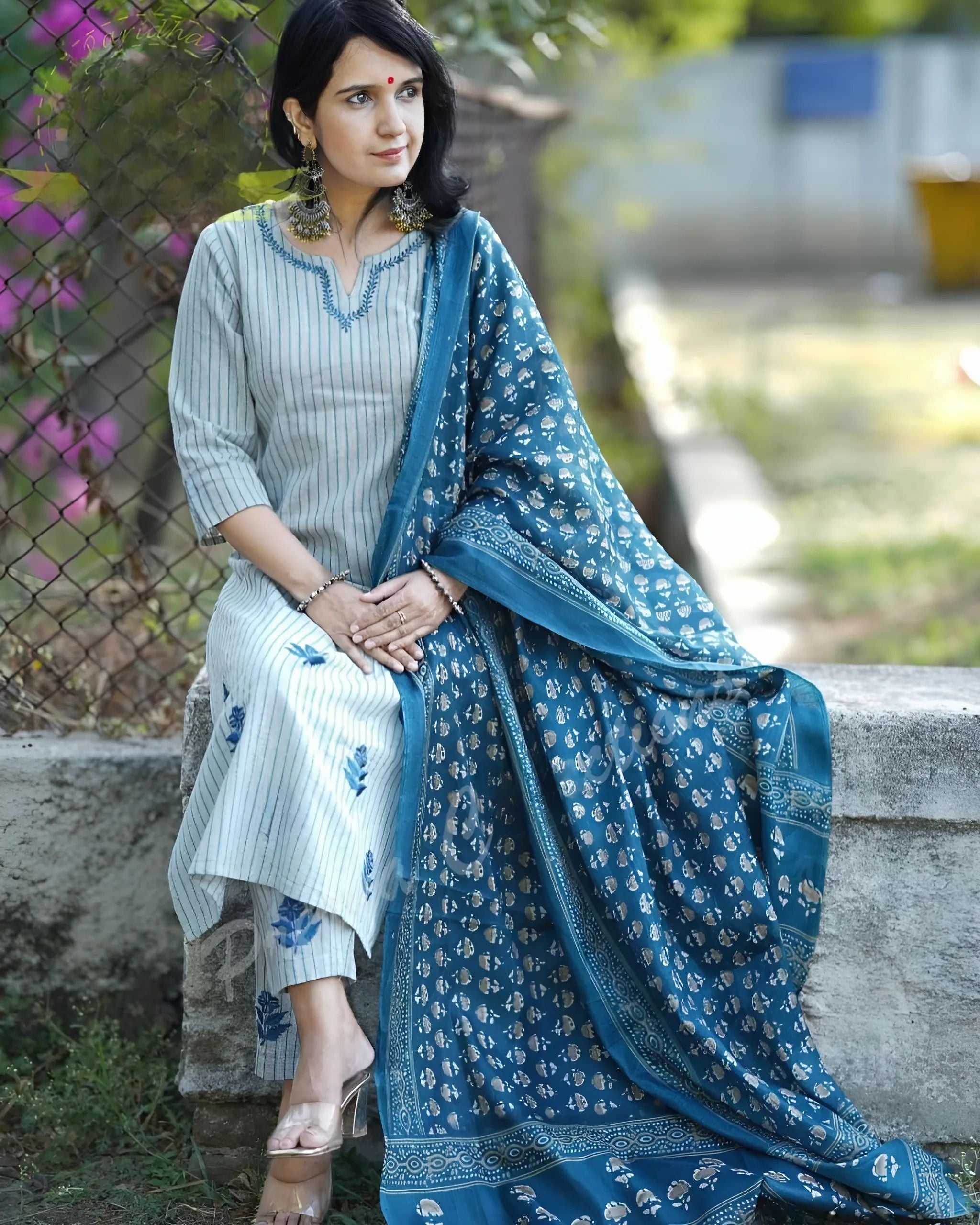 Multicolor Elegant Handloom Embroidery Printed Kurti Pant And Dupatta Set