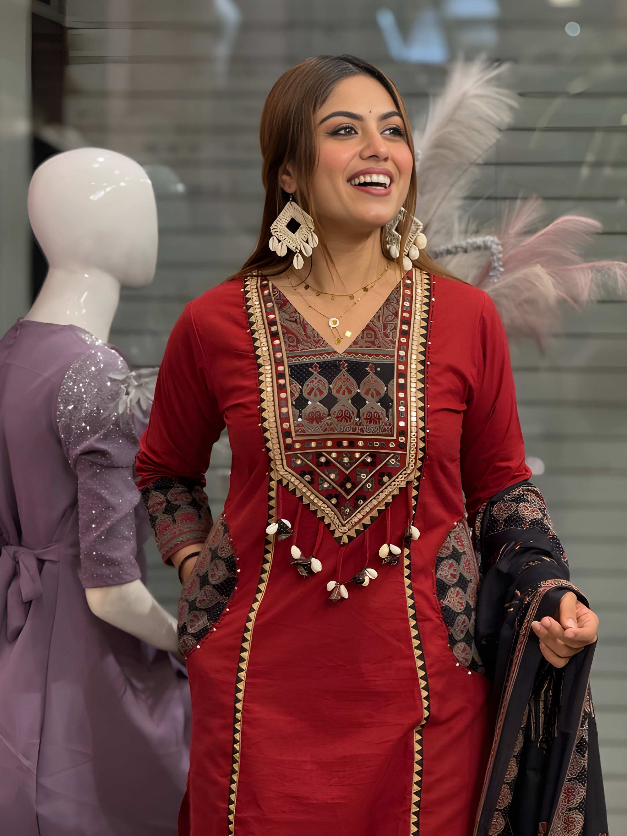 Women Premium Embroidered Yoke Pure Cotton Kurta Set with Pants and Dupatta Ethnic Three Piece Suit