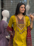 Women Premium Embroidered Yoke Pure Cotton Kurta Set with Pants and Dupatta Ethnic Three Piece Suit
