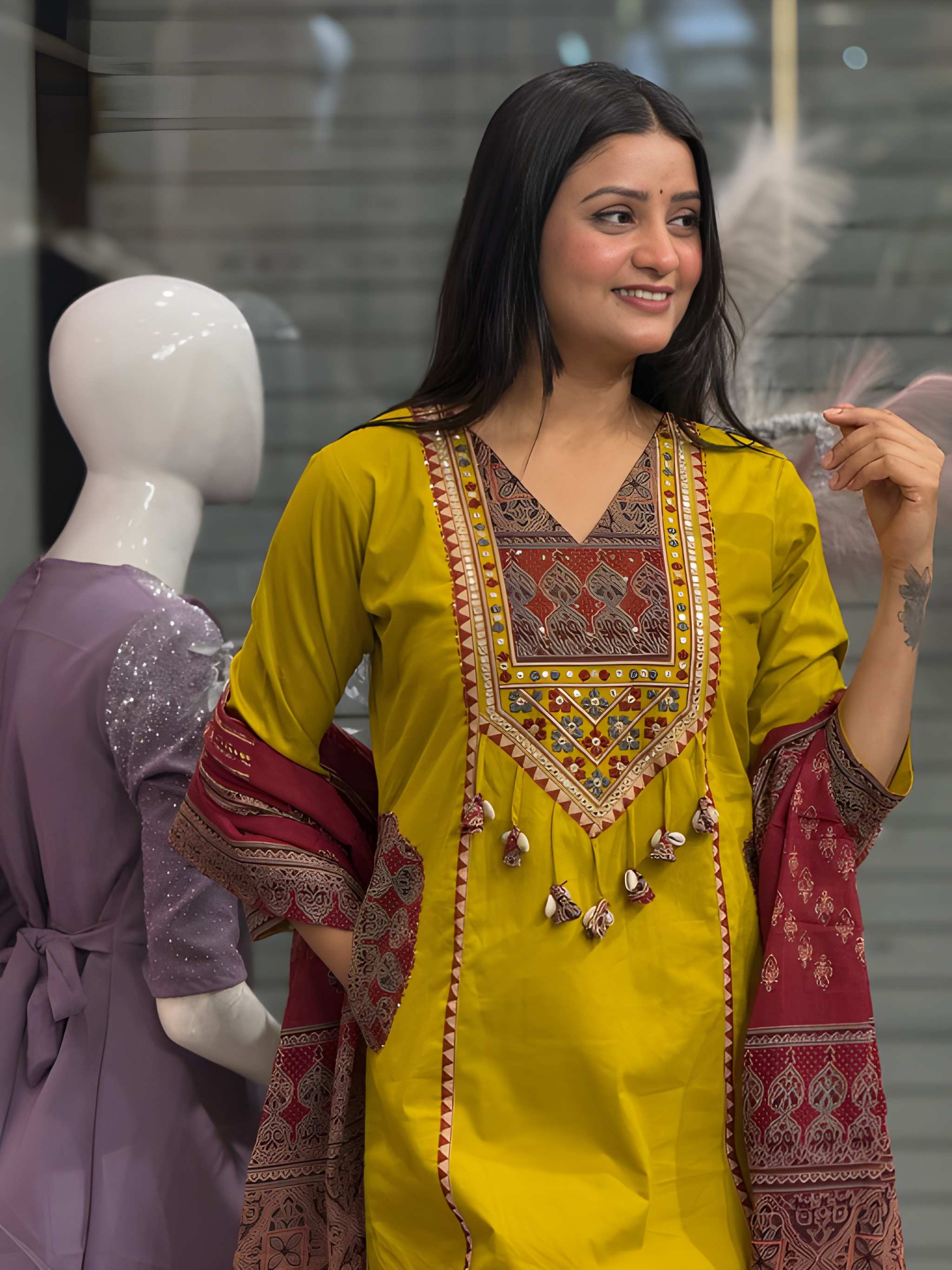 Women Premium Embroidered Yoke Pure Cotton Kurta Set with Pants and Dupatta Ethnic Three Piece Suit