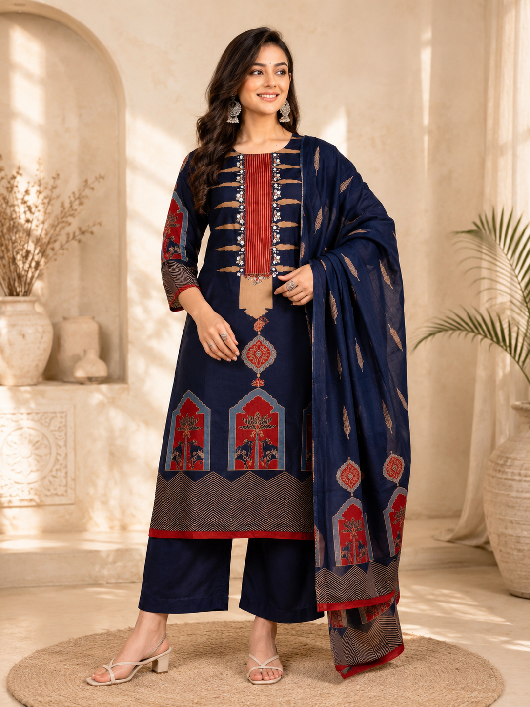 Heavy Cotton Embroidered Kurti Pant Dupatta Set with Discharge Print