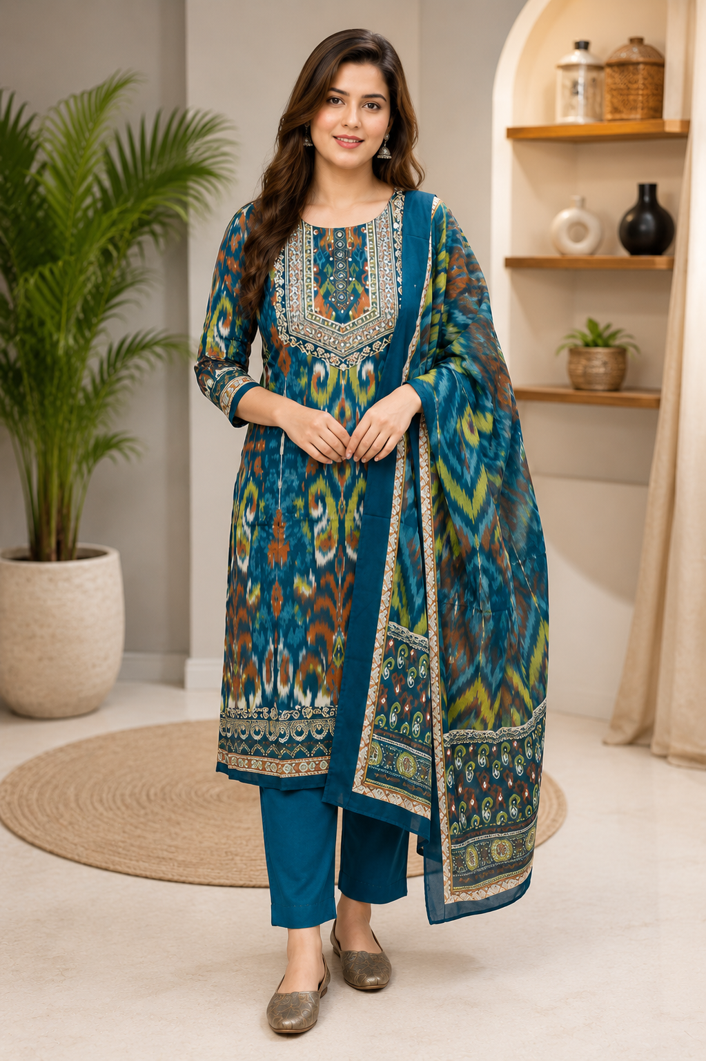 Women's Heavy Cotton Print Kurta Pant Dupatta Set Fully Stitched Ethnic Suit