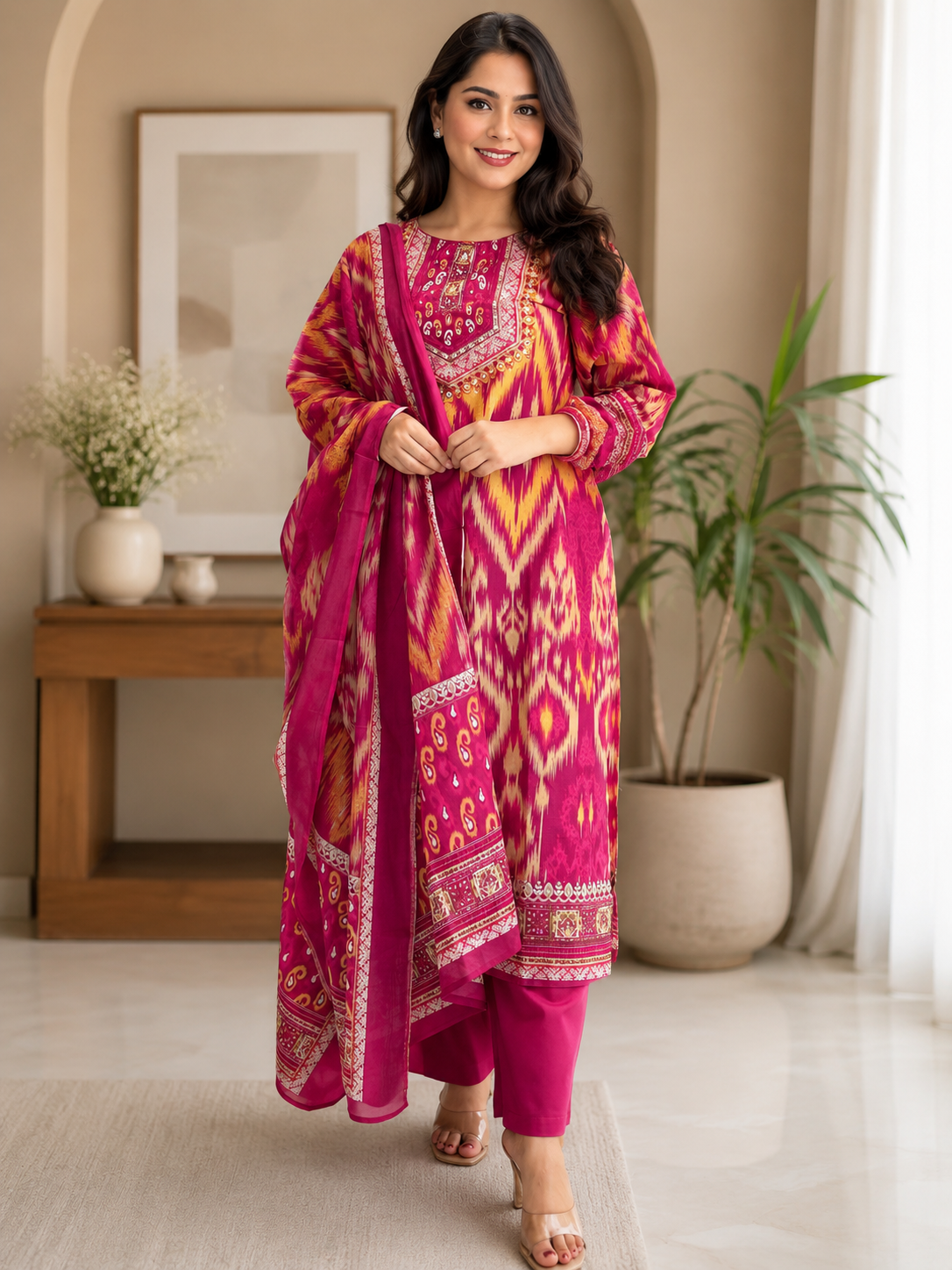 Women's Heavy Cotton Print Kurta Pant Dupatta Set Fully Stitched Ethnic Suit