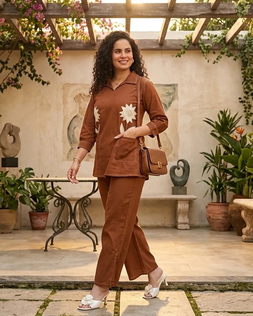 Brown Women's Premium Cotton Flex Embroidered Kurta Co-Ord Set