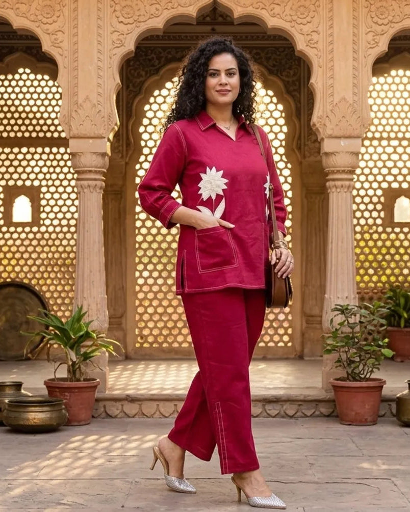 Pink Women's Premium Cotton Flex Embroidered Kurta Co-Ord Set