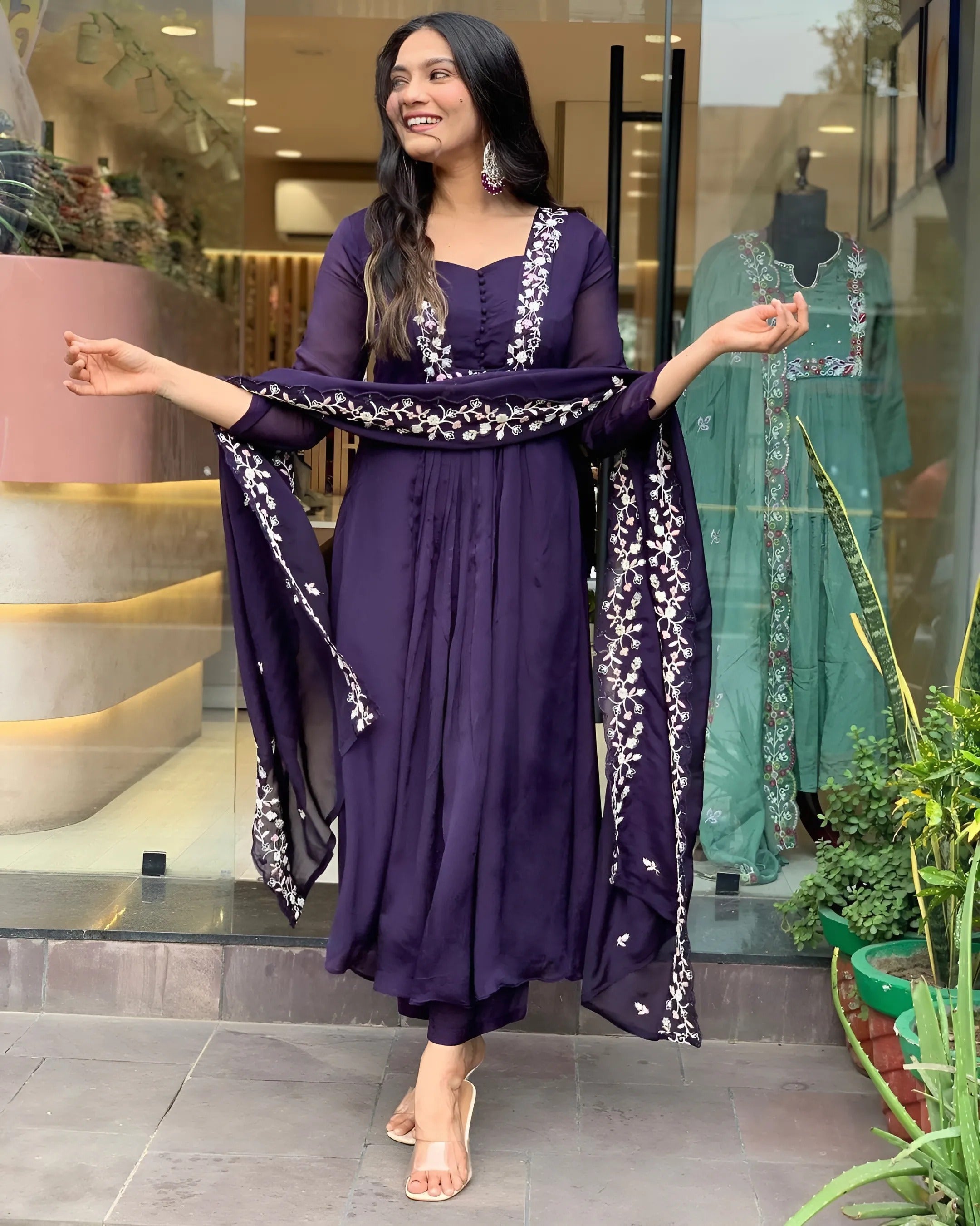 Purple Pure Cotton Embroidered Yoke Kurta Set For Women