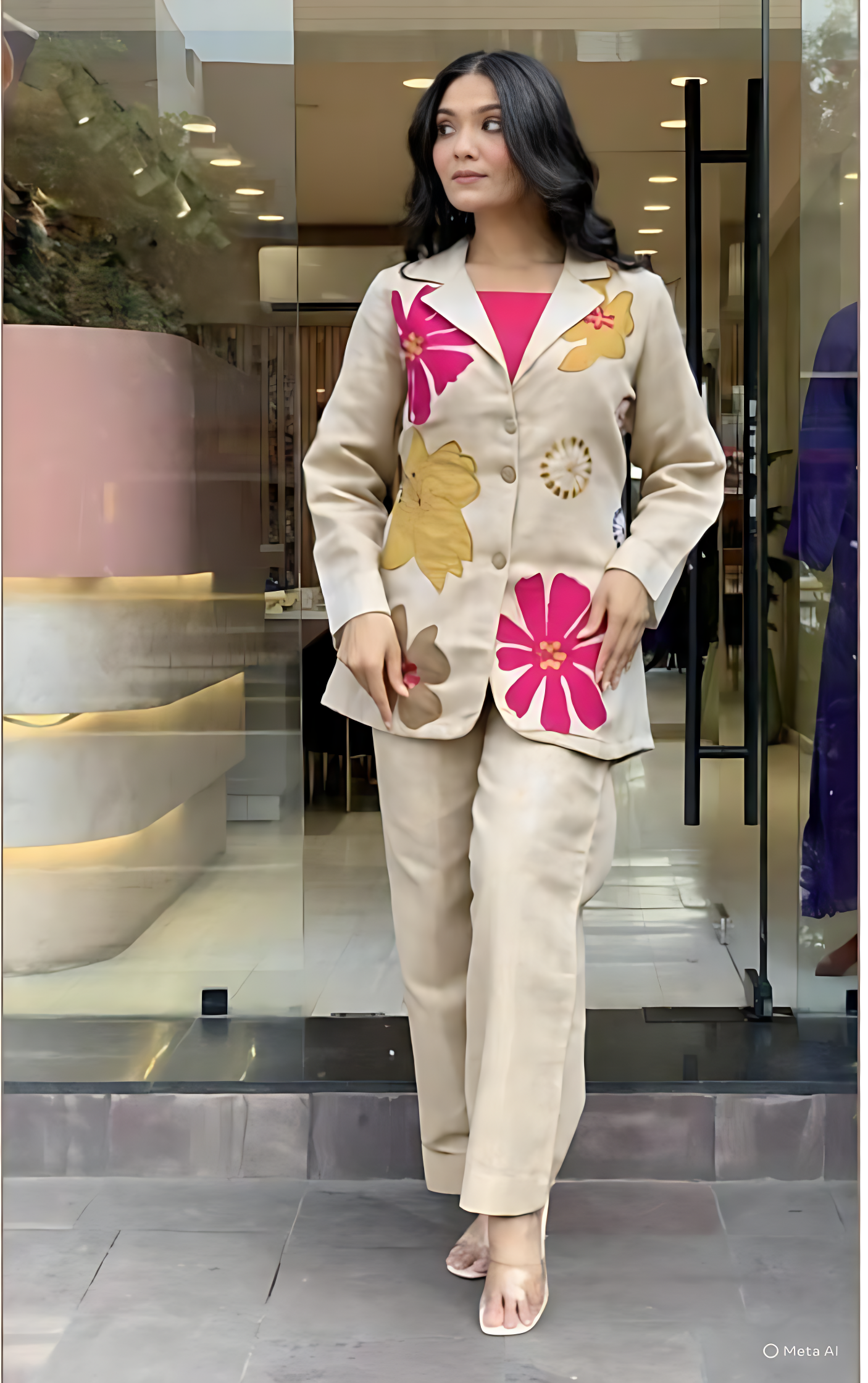Tailored Floral Embroidered Three-Piece Coord Set with Blazer and Straight Pants — Elegant Fusion Wear for Office and Day Events