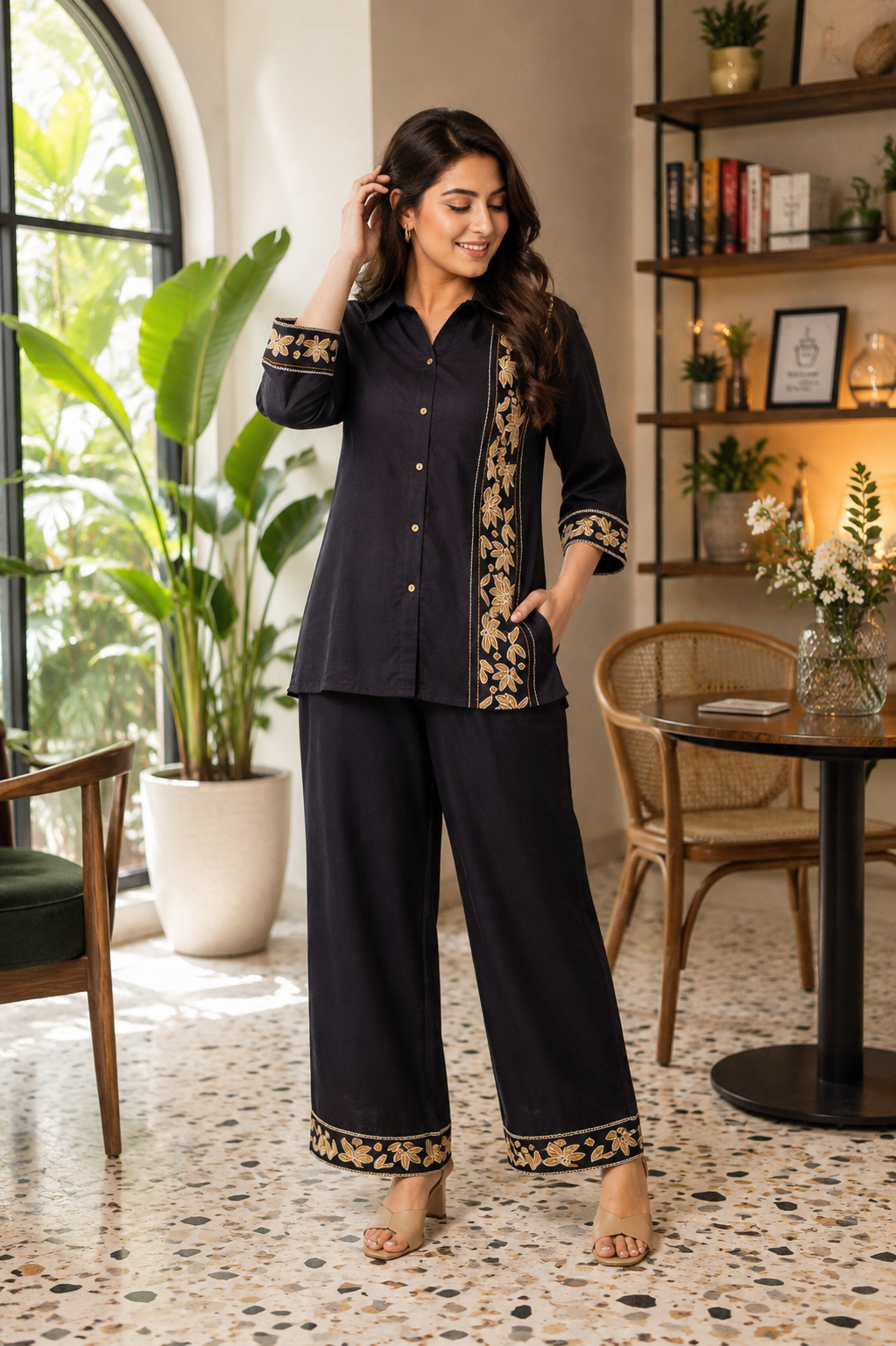 Women Cotton Flex Embroidered Co-Ord Set Top and Pant Casual Office Wear