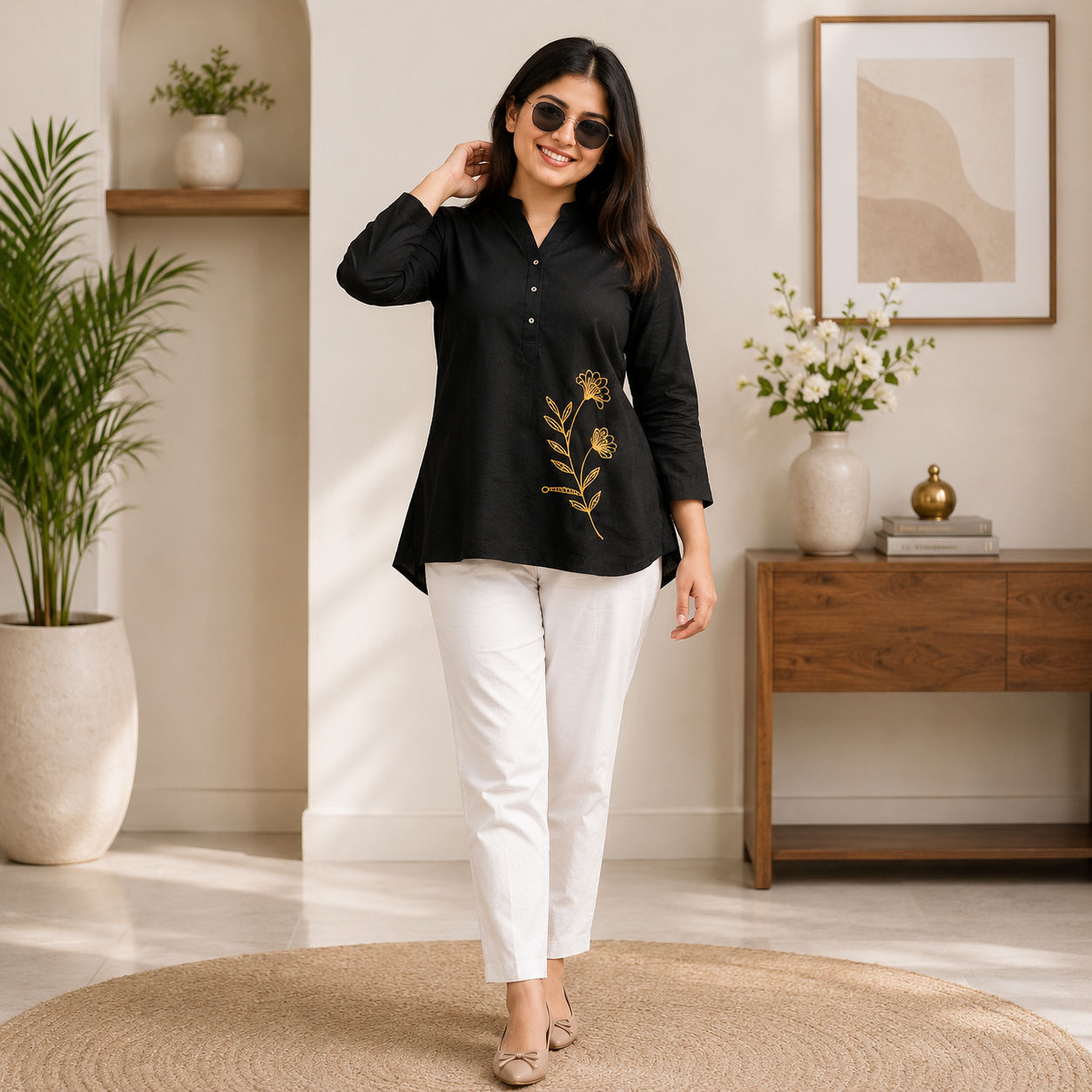 Women's Cotton Slub Embroidered Co-Ord Set with Matching Pants