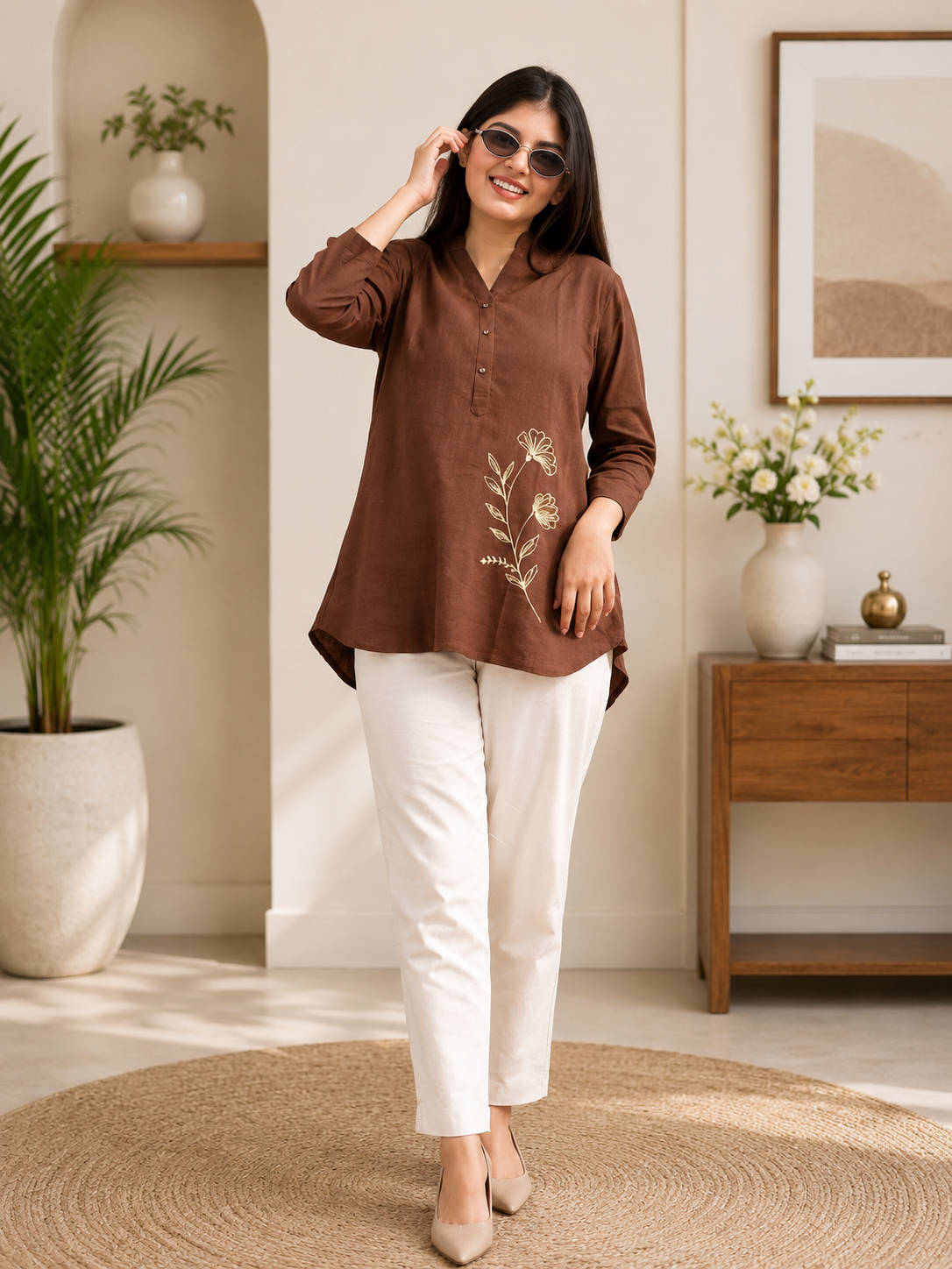 Women's Cotton Slub Embroidered Co-Ord Set with Matching Pants