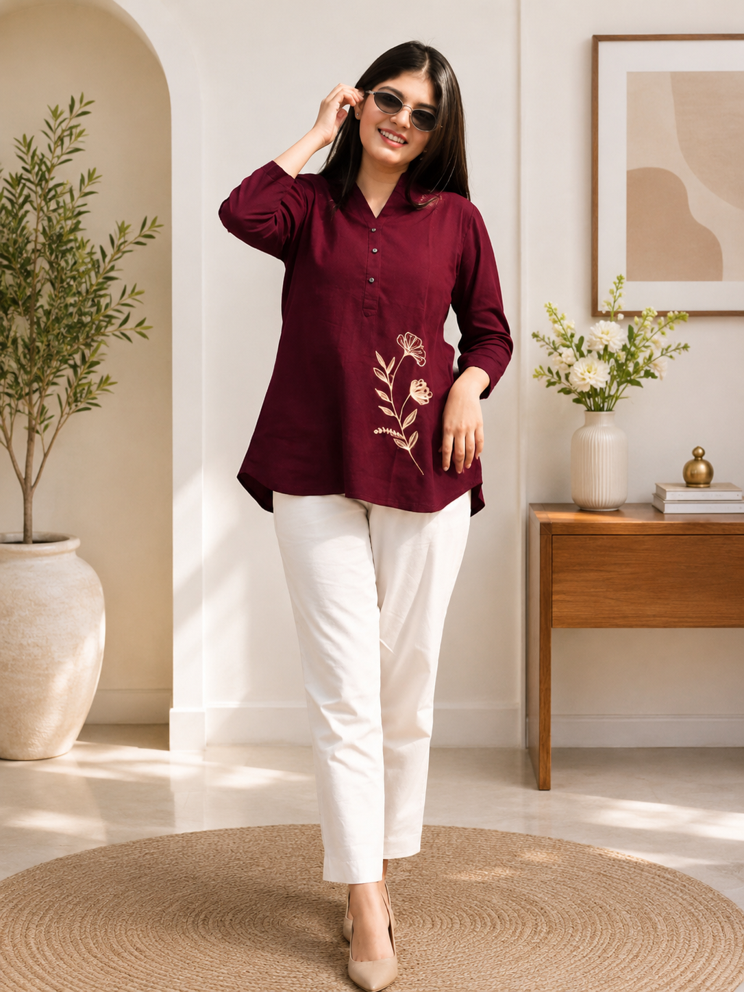 Women's Cotton Slub Embroidered Co-Ord Set with Matching Pants