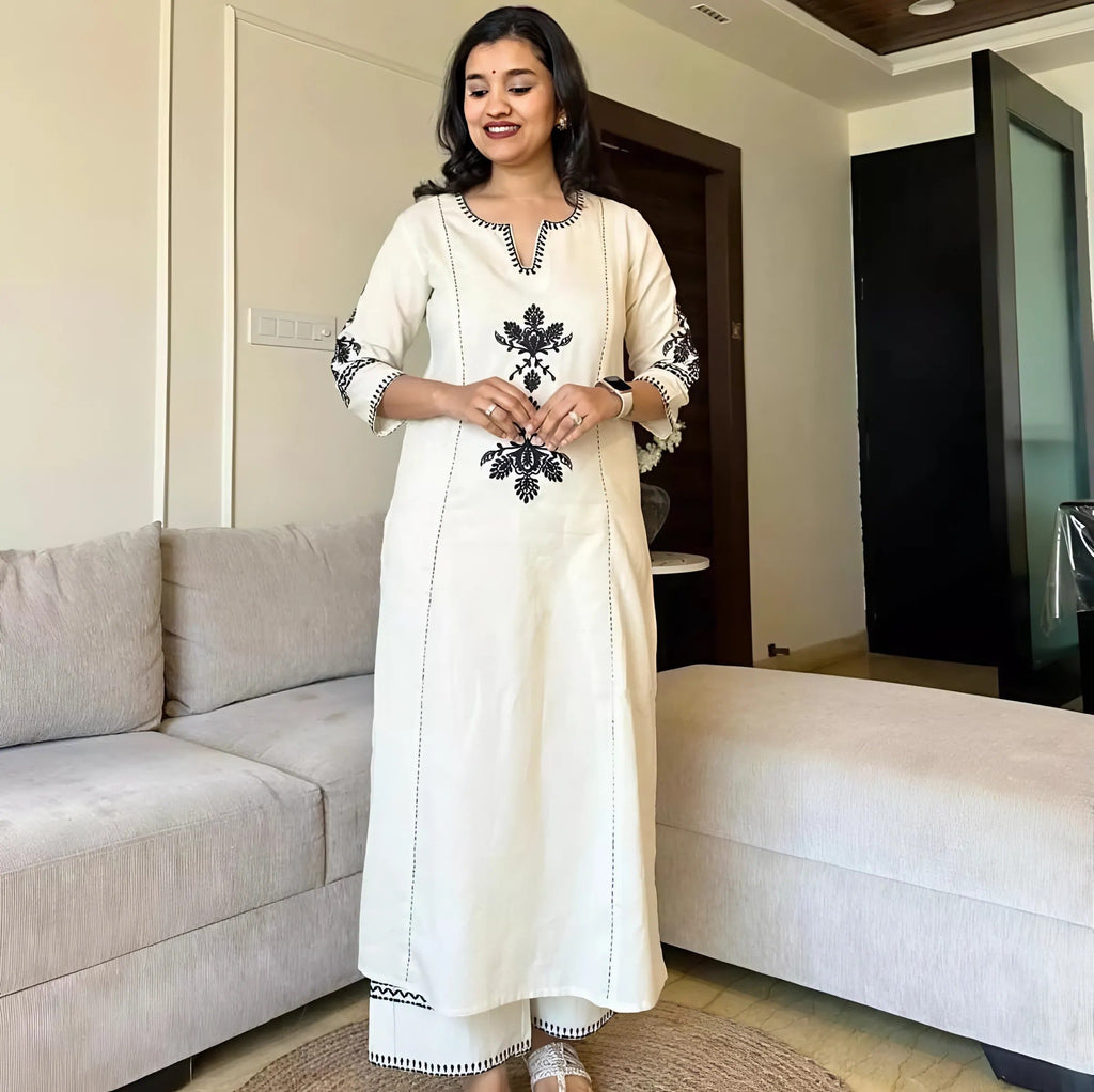 Elegant Breathable khadi cotton Embroidered Kurti Pant Set | M to XXL