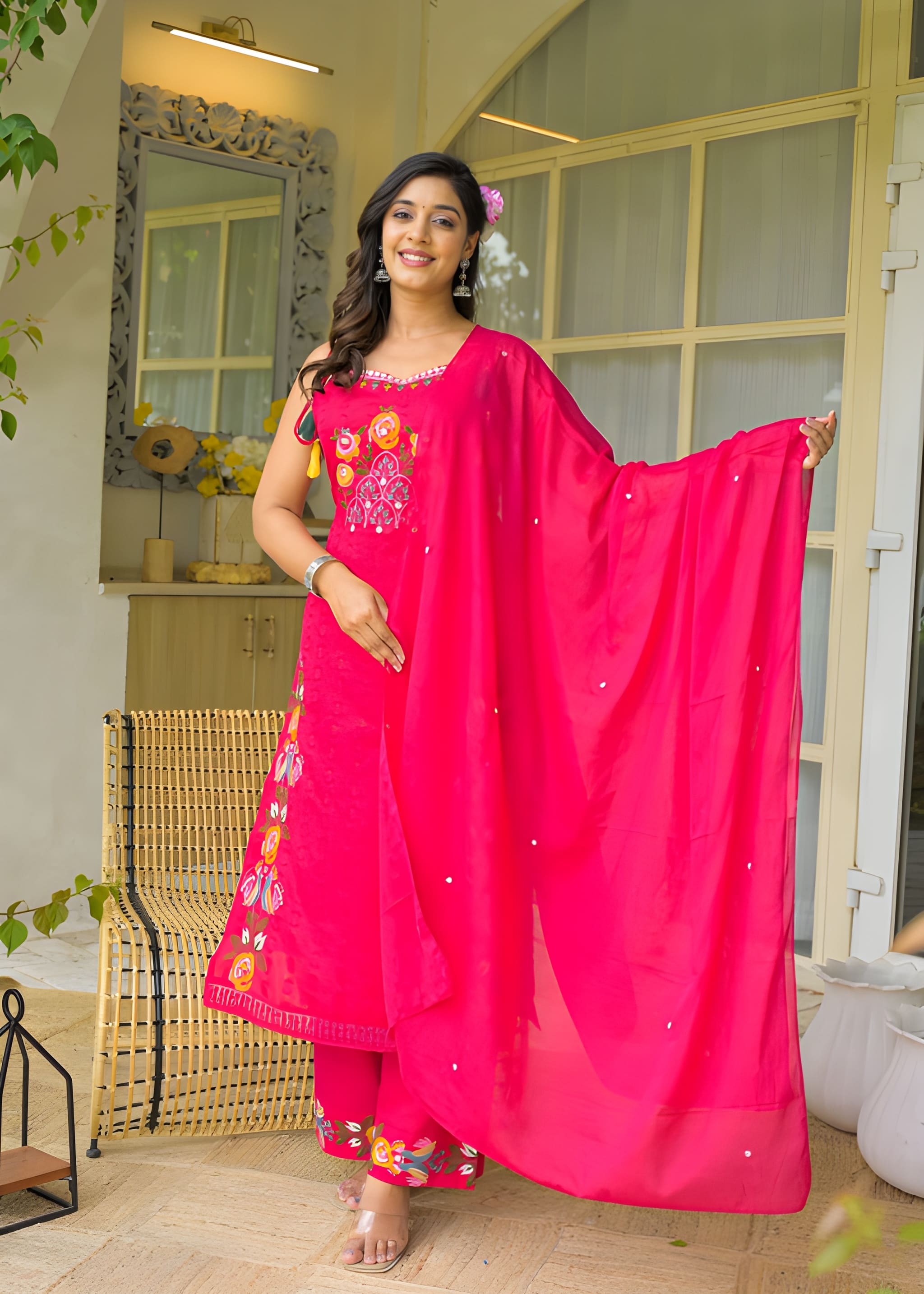 Premium cotton embroidered sleeveless kurti set with elegant festive detailing