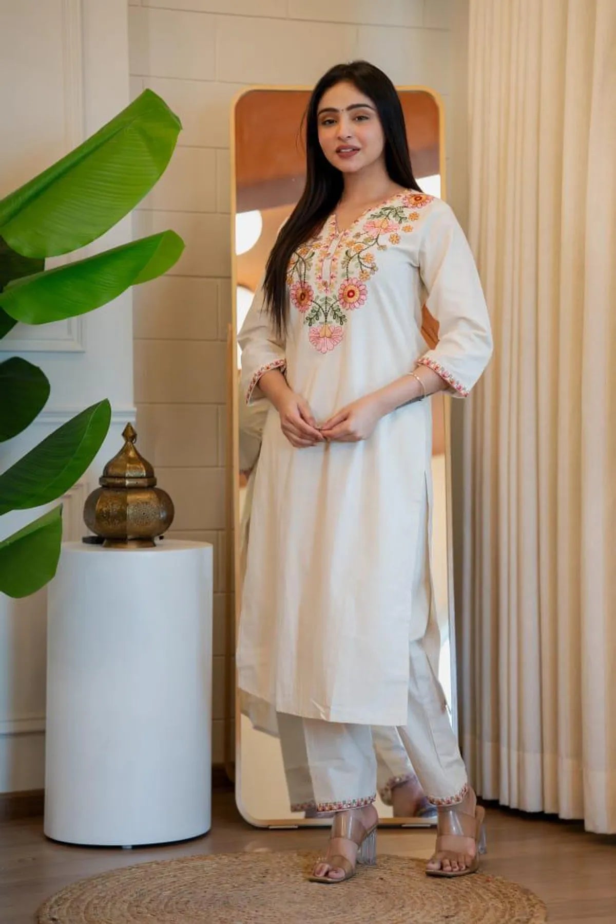 Women Premium Khadi Cotton Kurta Set with Pants Embroidered Straight Ethnic Co-Ord Set