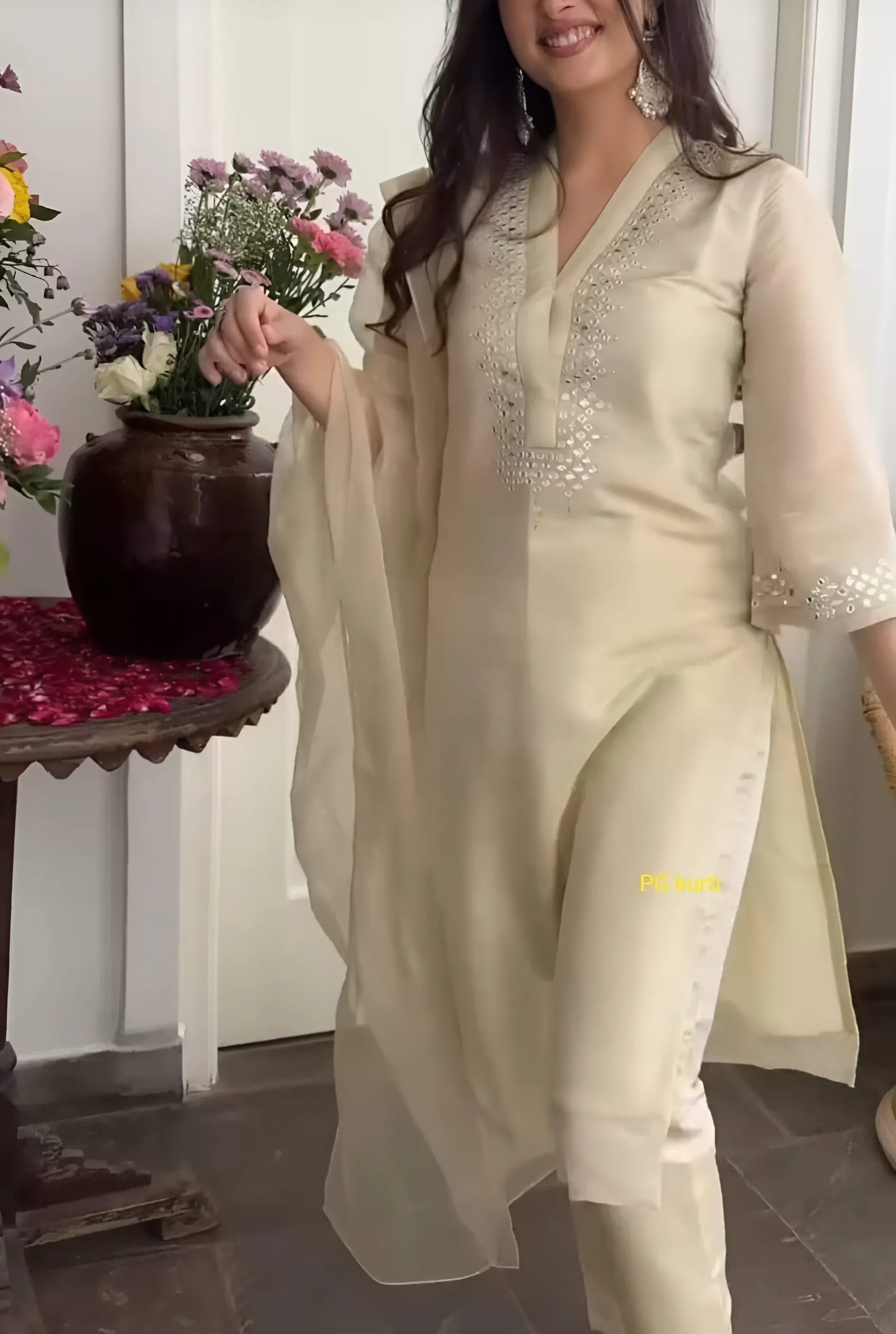 Off-White Chanderi Suit With Foil Mirror Embroidery Work