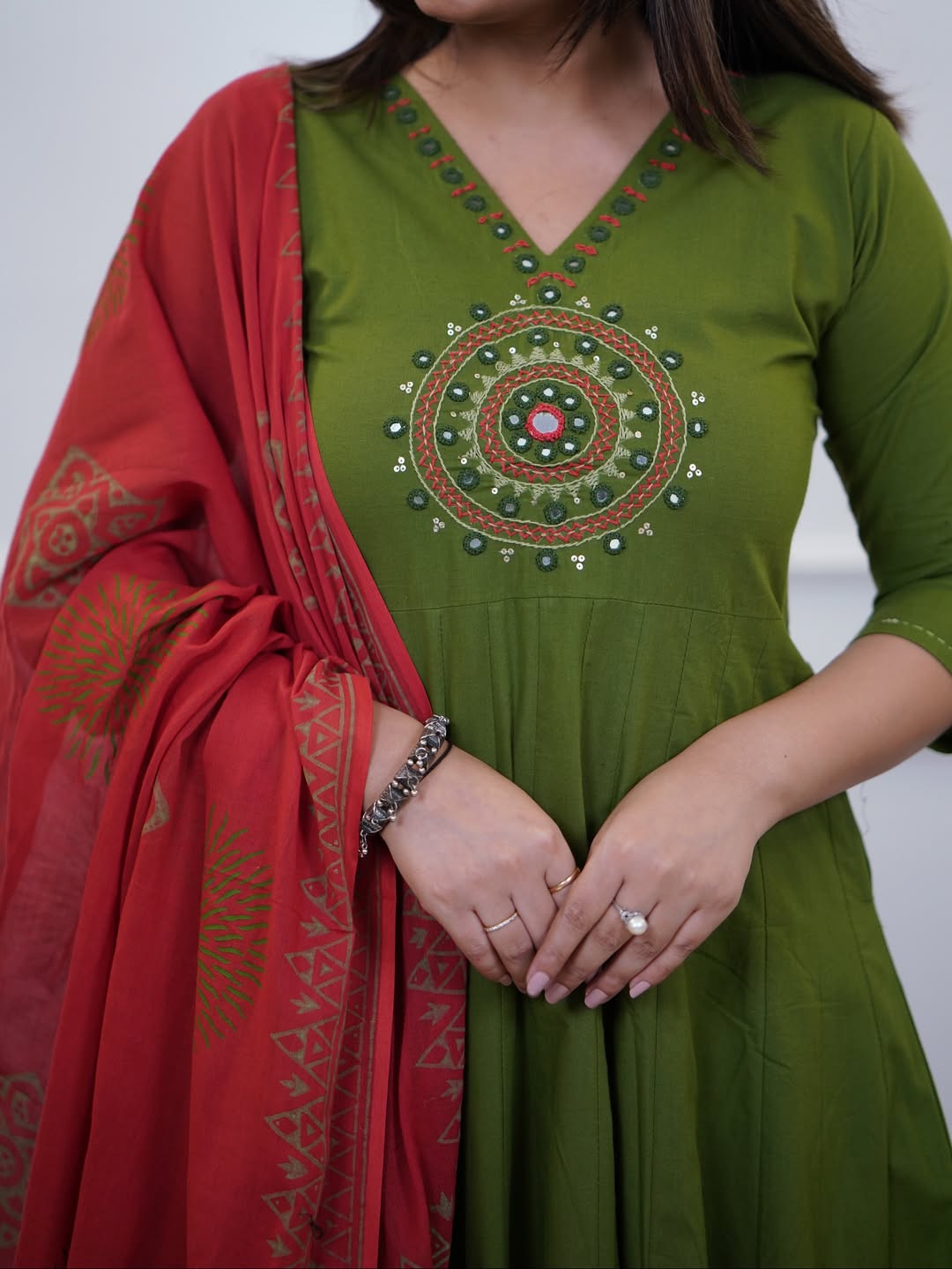 Festive Mirror-Embellished Anarkali Set with Flowing Silhouette and Coordinated Pants — Premium Three-Piece Occasion Ensemble