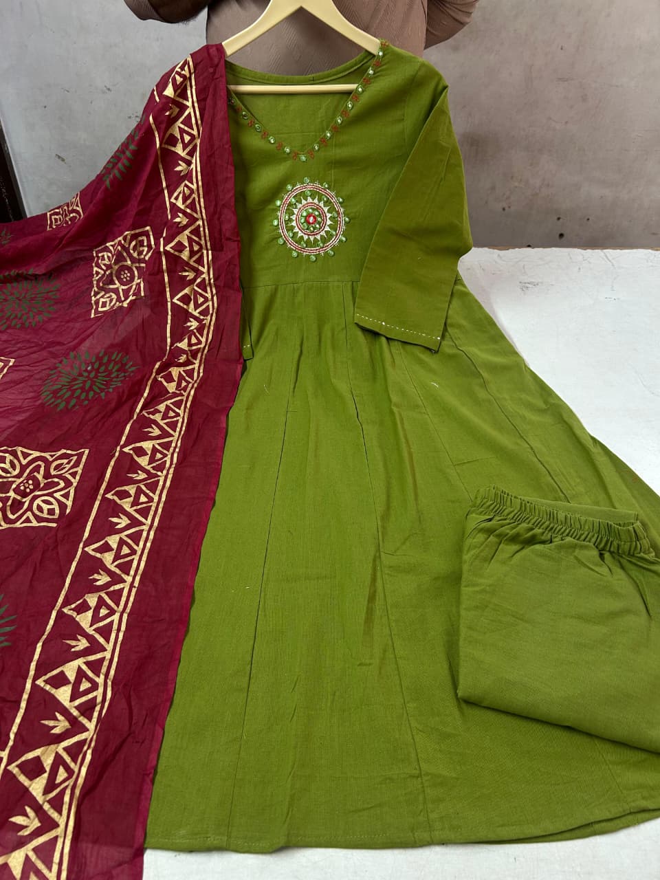 Festive Mirror-Embellished Anarkali Set with Flowing Silhouette and Coordinated Pants — Premium Three-Piece Occasion Ensemble