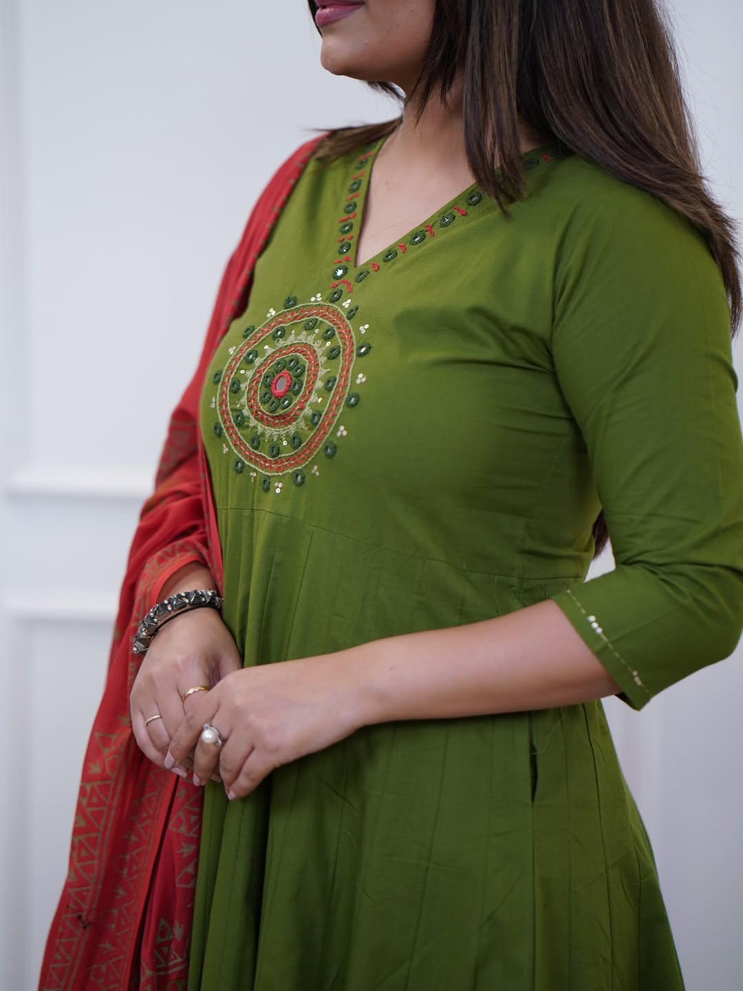 Festive Mirror-Embellished Anarkali Set with Flowing Silhouette and Coordinated Pants — Premium Three-Piece Occasion Ensemble