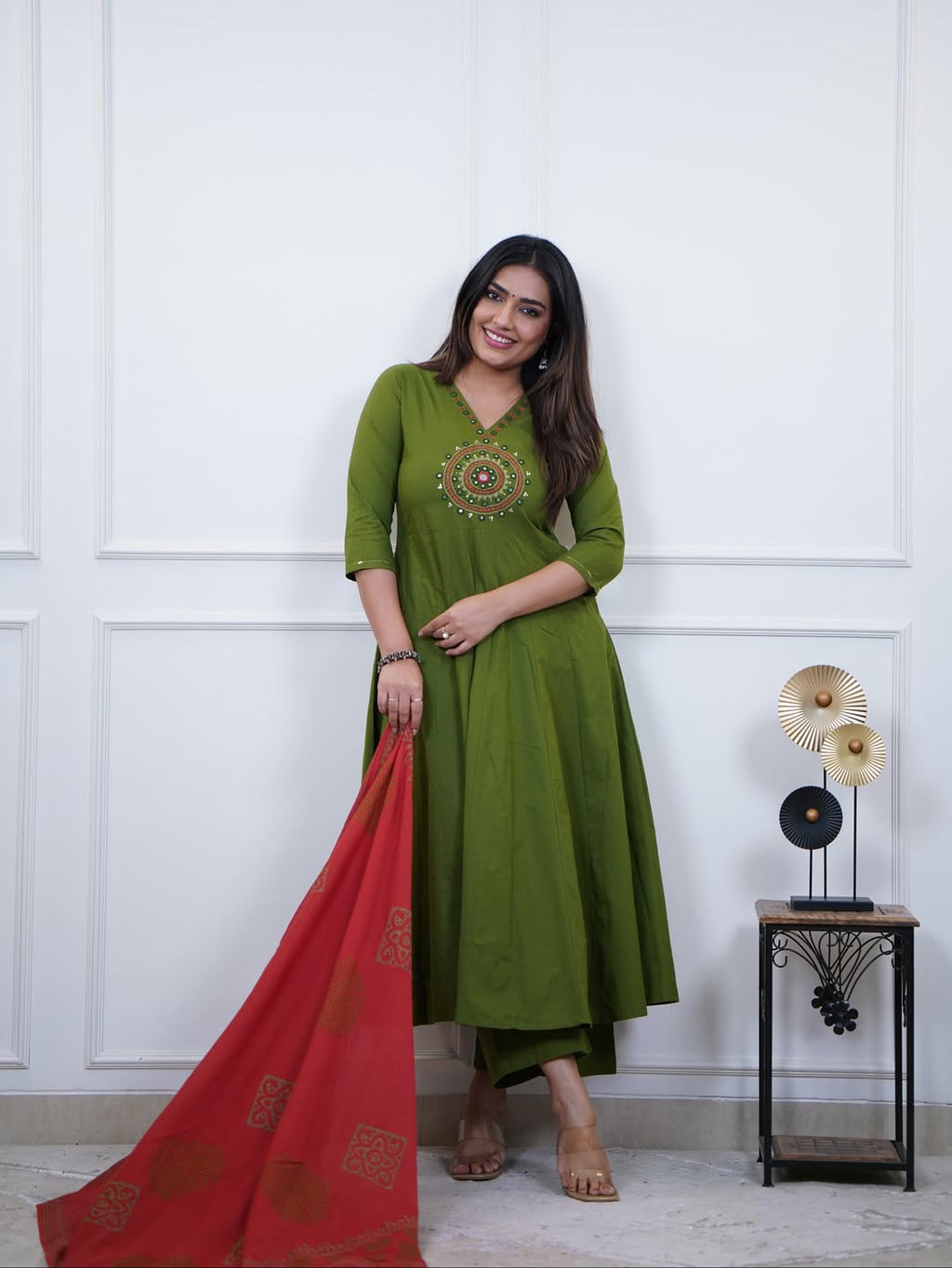 Festive Mirror-Embellished Anarkali Set with Flowing Silhouette and Coordinated Pants — Premium Three-Piece Occasion Ensemble