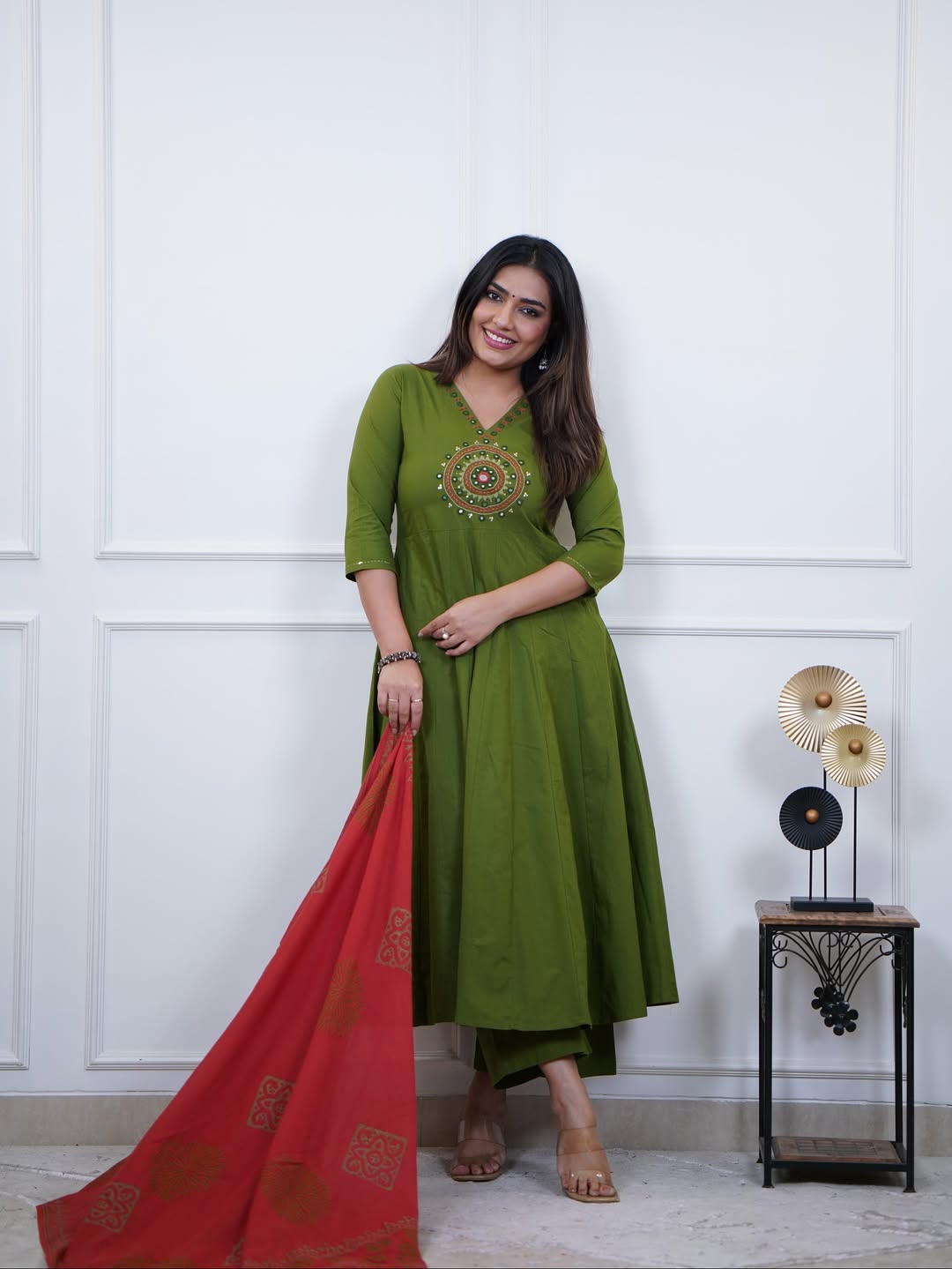 Festive Mirror-Embellished Anarkali Set with Flowing Silhouette and Coordinated Pants — Premium Three-Piece Occasion Ensemble