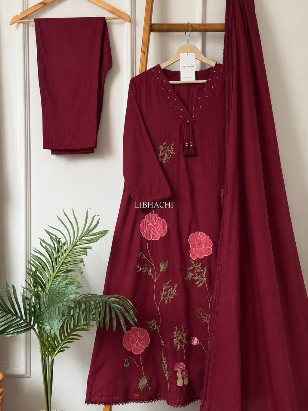Premium Women's Cotton Embroidered A-Line Kurta Pant & Mulmul Dupatta Set