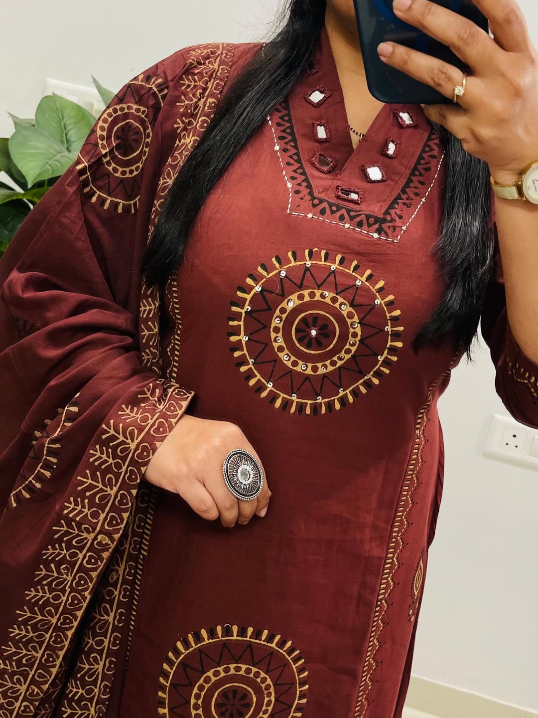 Premium cotton kurti pant dupatta set with handcrafted mirror embellishment and festive elegance