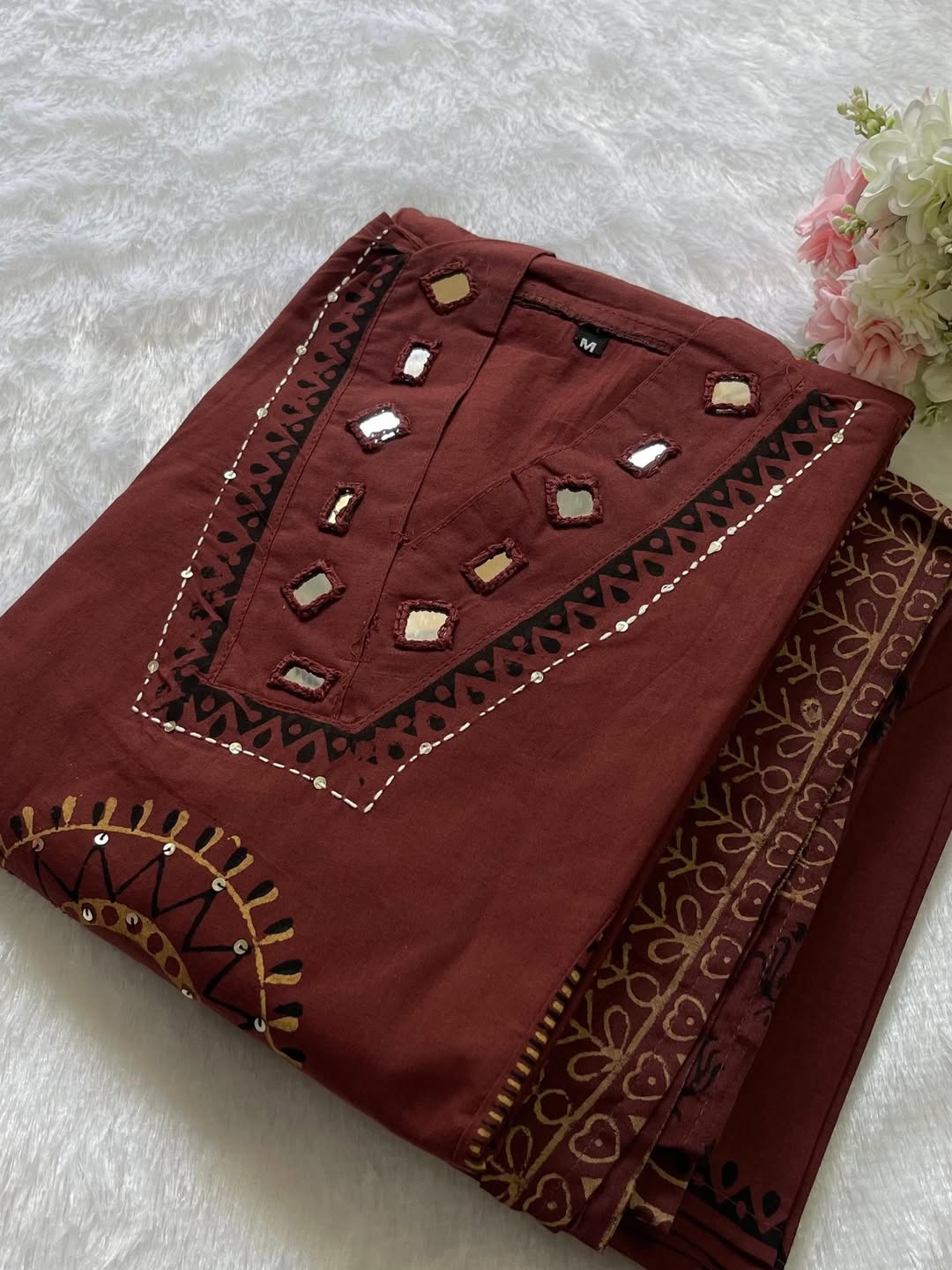Premium cotton kurti pant dupatta set with handcrafted mirror embellishment and festive elegance